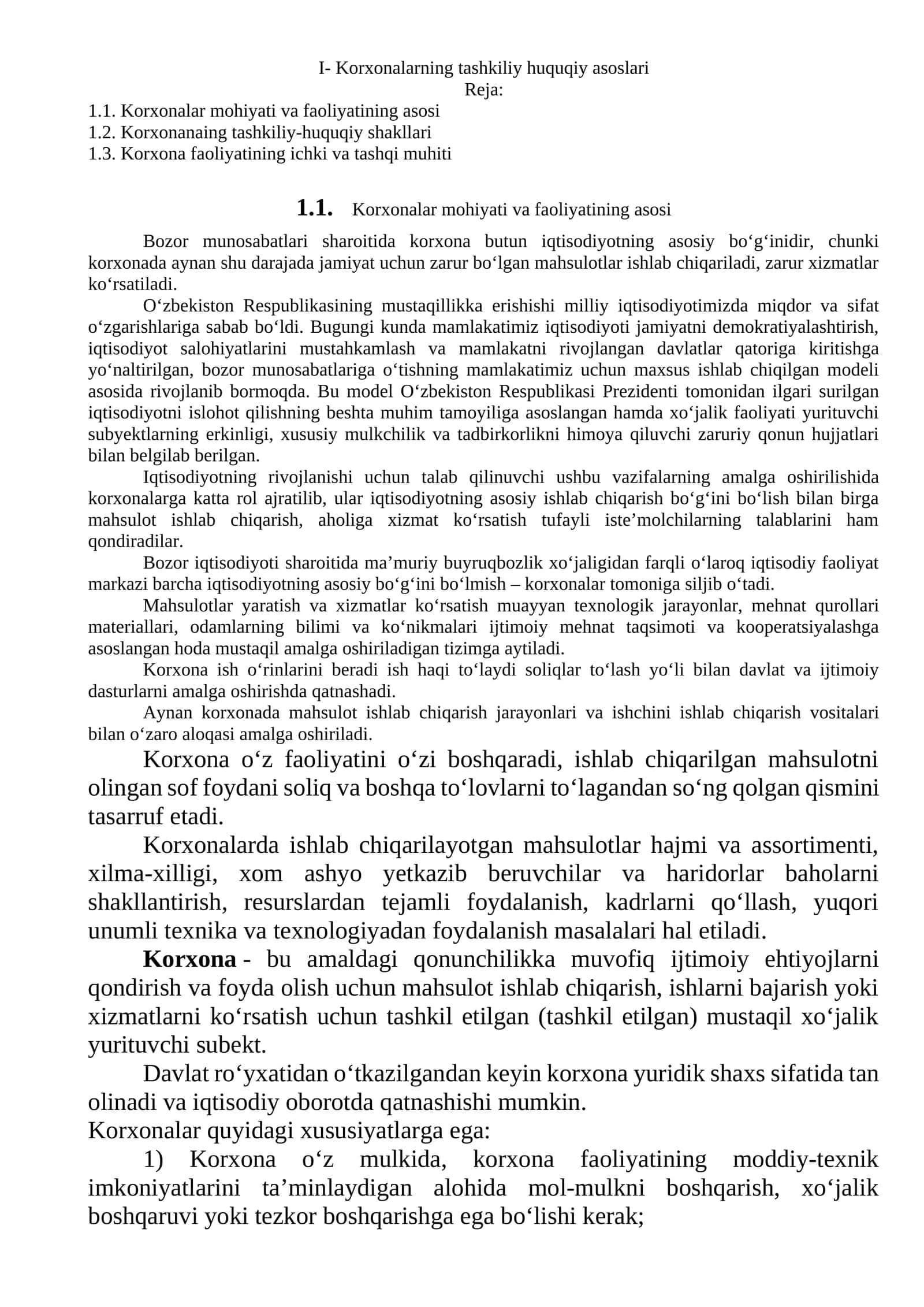 Korxonalarning tashkiliy huquqiy asoslari
