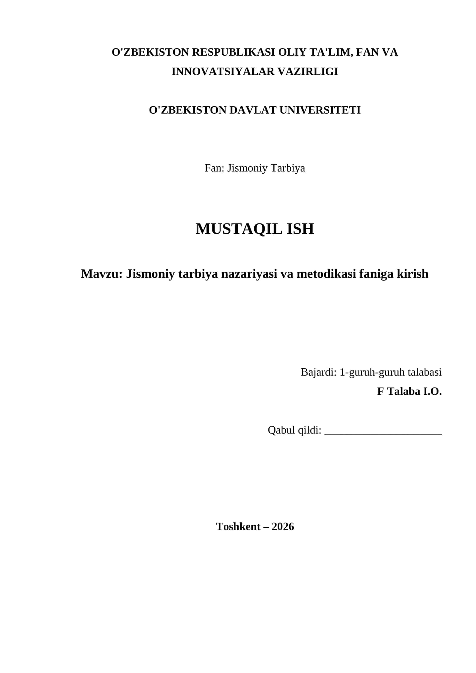 Jismoniy tarbiya nazariyasi va metodikasi faniga kirish