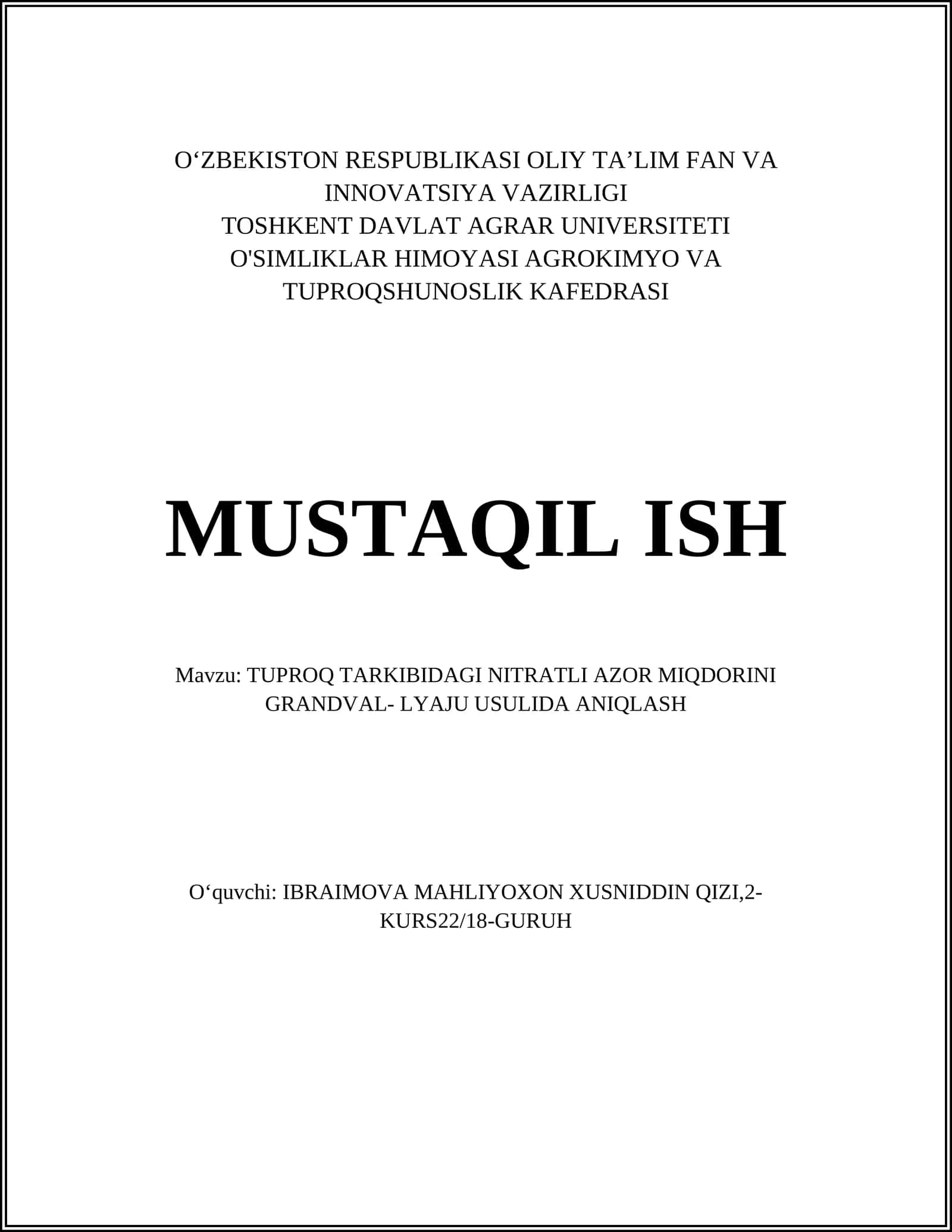 TUPROQ TARKIBIDAGI NITRATLI AZOR MIQDORINI GRANDVAL- LYAJU USULIDA ANIQLASH