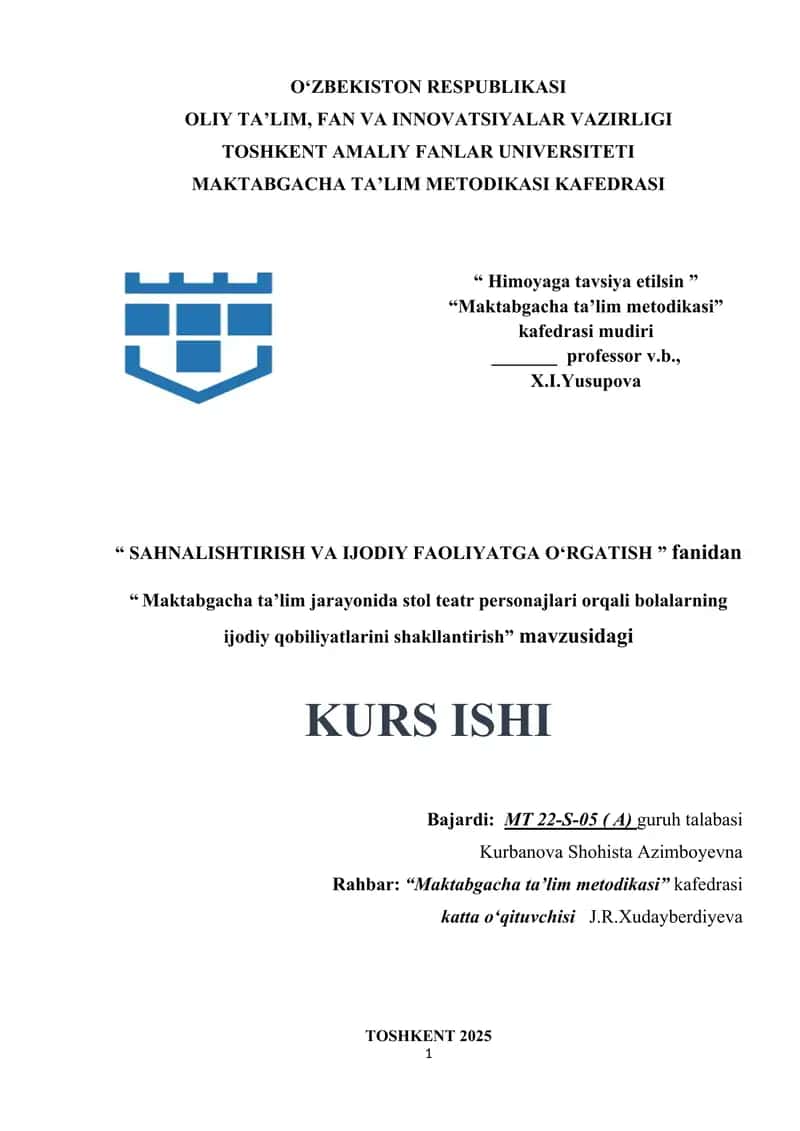 Maktabgacha taʼlim jarayonida stol teatr personajlari orqali bolalarning ijodiy qobiliyatlarini shakllantirish