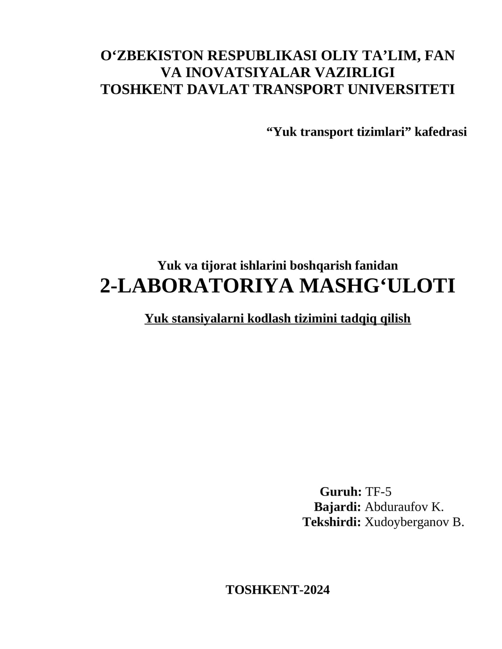 Yuk stansiyalarni kodlash tizimini tadqiq qilish