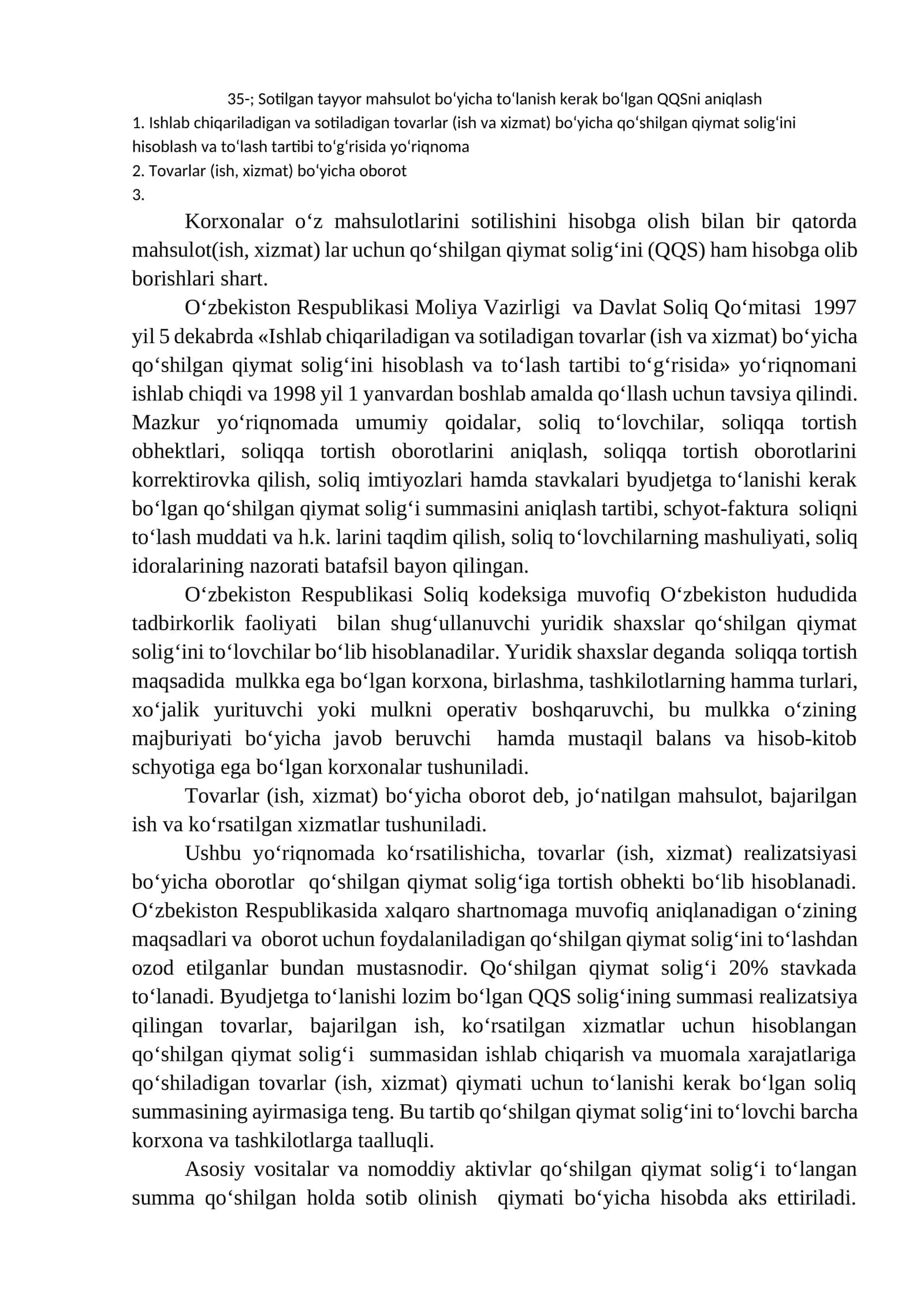 Sotilgan tayyor mahsulot bo‘yicha to‘lanish kerak bo‘lgan QQSni aniqlash