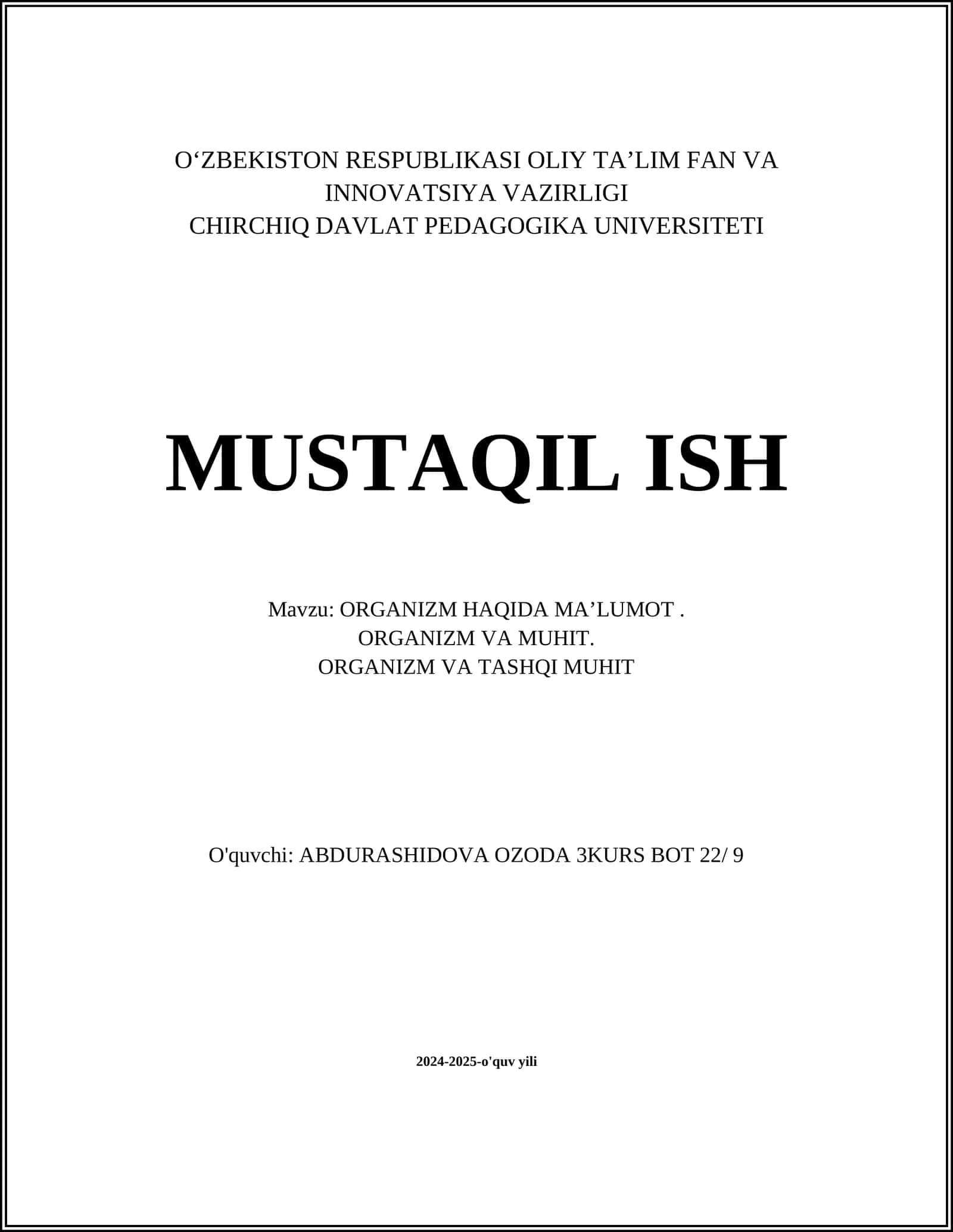 ORGANIZM HAQIDA MAʼLUMOT