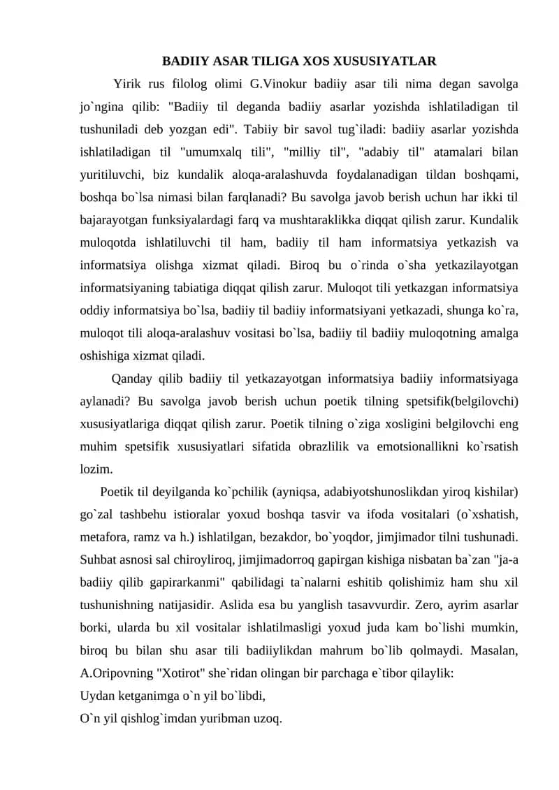 BADIIY ASAR TILIGA XOS XUSUSIYATLAR