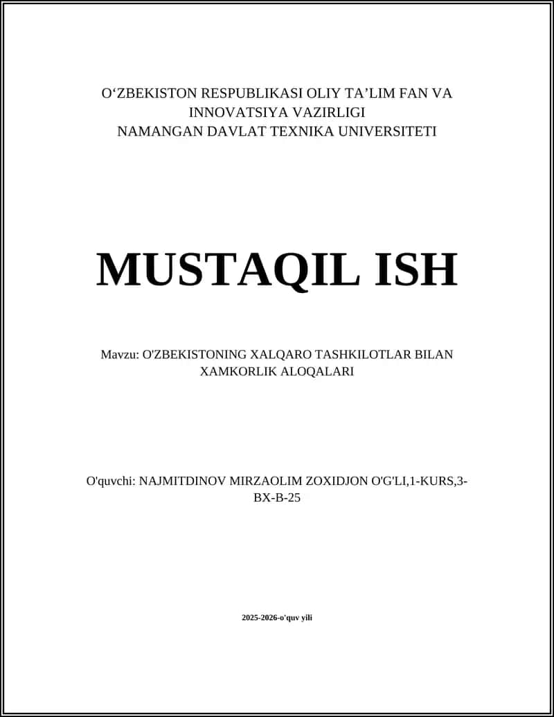 O'ZBEKISTONING XALQARO TASHKILOTLAR BILAN XAMKORLIK ALOQALARI