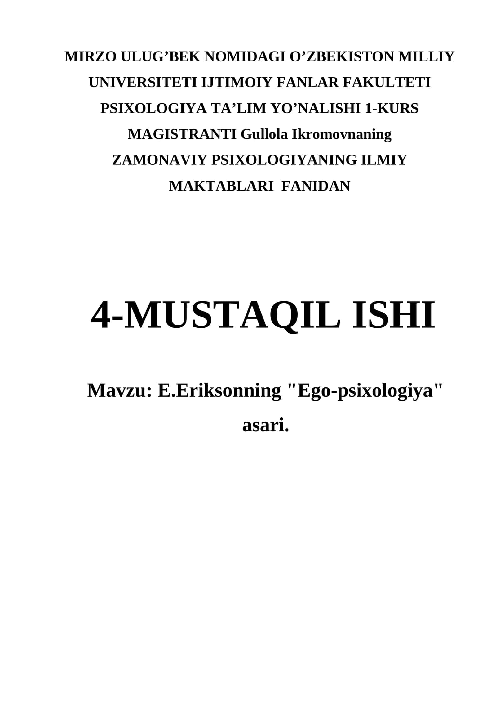 E.Eriksonning "Ego-psixologiya" asari