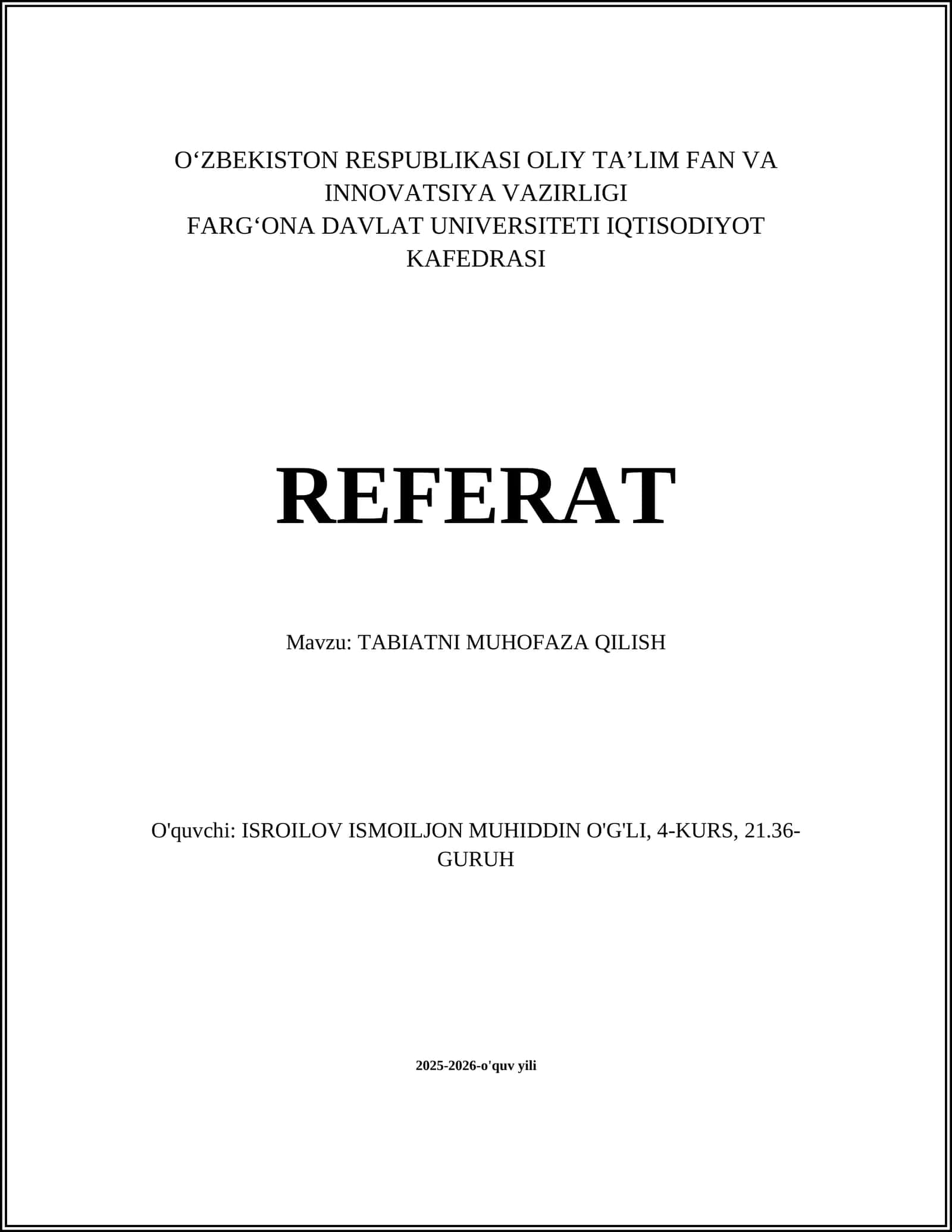 TABIATNI MUHOFAZA QILISH
