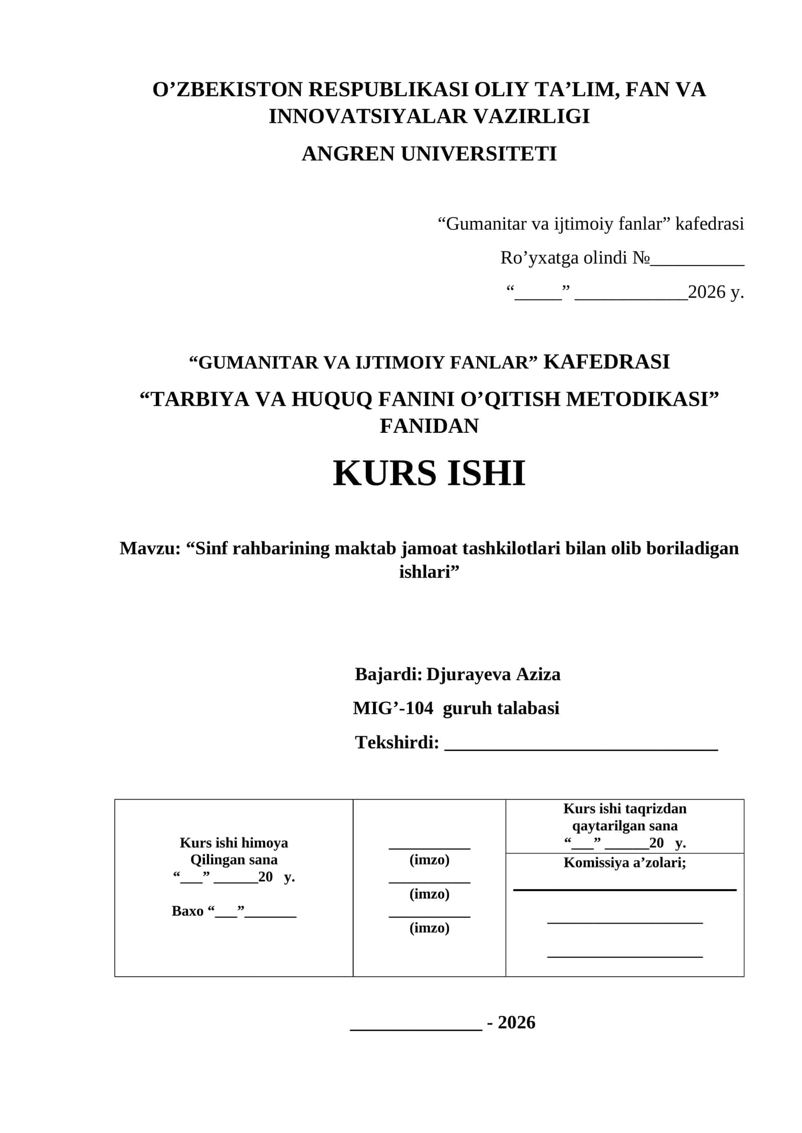 KURS ISHI "TARBIYA VA HUQUQ FANINI O’QITISH METODIKASI"