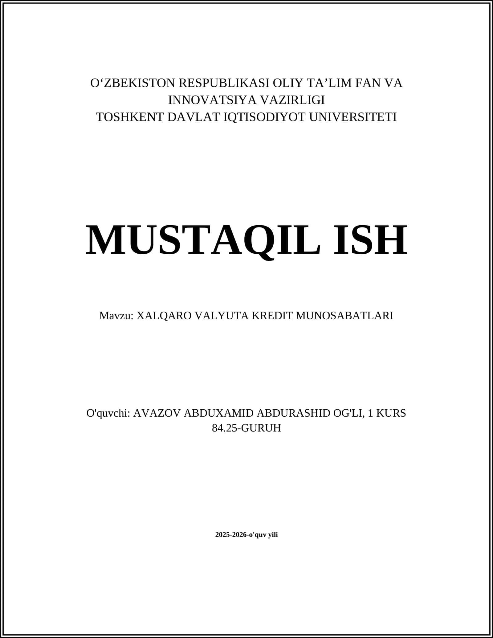 XALQARO VALYUTA KREDIT MUNOSABATLARI