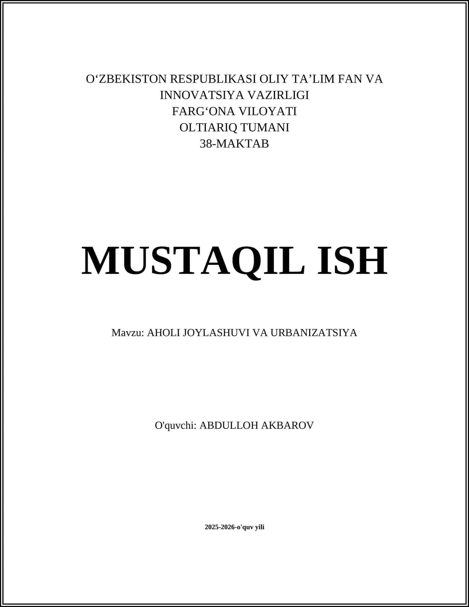 AHOLI JOYLASHUVI VA URBANIZATSIYA