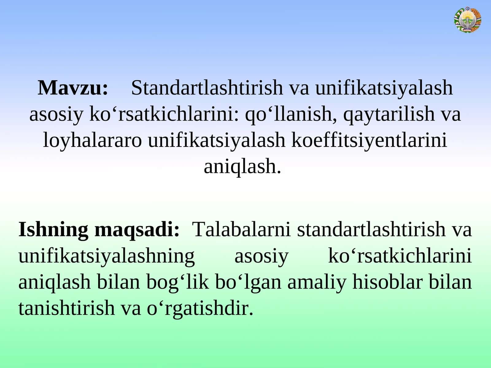 Standartlashtirish va unifikatsiyalash asosiy ko‘rsatkichlarini: qo‘llanish, qaytarilish va loyhalararo unifikatsiyalash koeffitsiyentlarini aniqlash