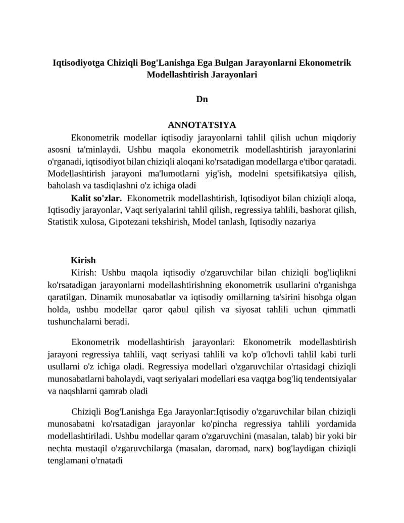 Iqtisodiyotga Chiziqli Bog'Lanishga Ega Bulgan Jarayonlarni Ekonometrik Modellashtirish Jarayonlari