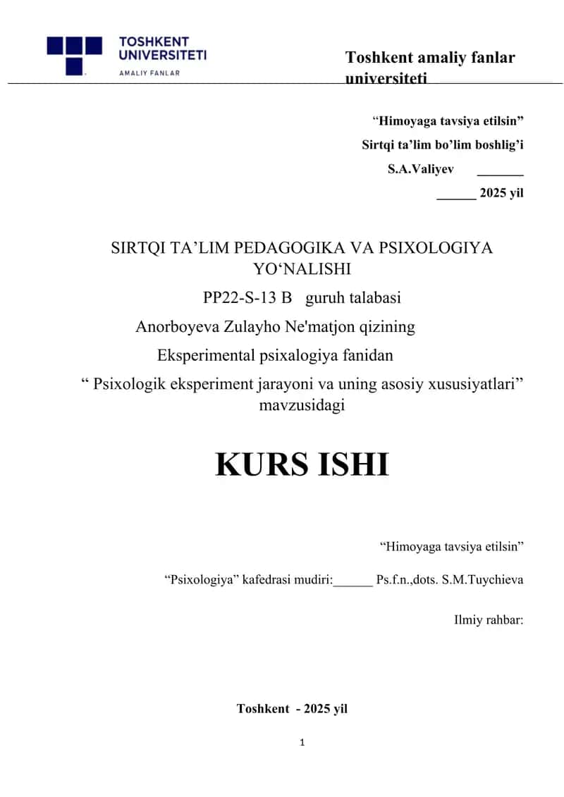 Psixologik eksperiment jarayoni va uning asosiy xususiyatlari