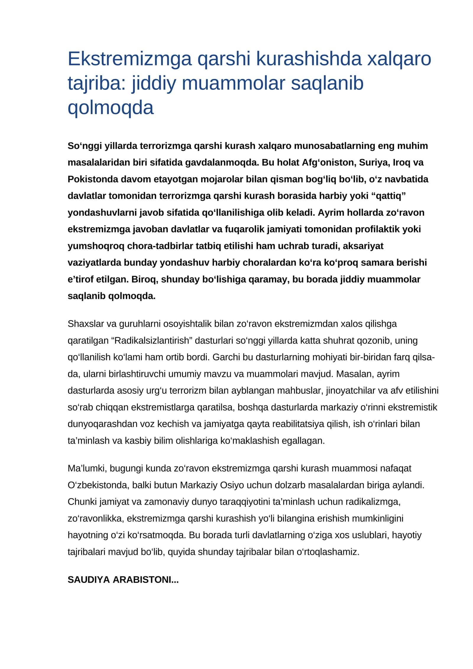 Ekstremizmga qarshi kurashishda xalqaro tajriba: jiddiy muammolar saqlanib qolmoqda