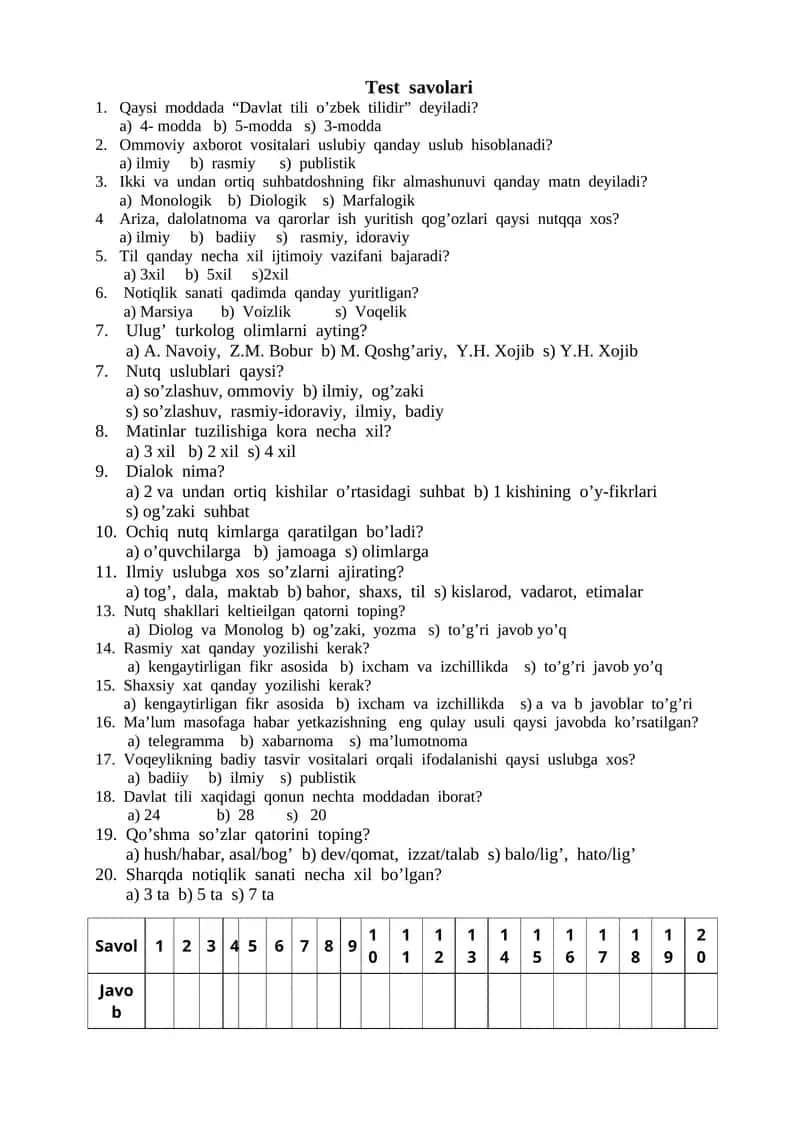 Davlat tilida ish yuritish test