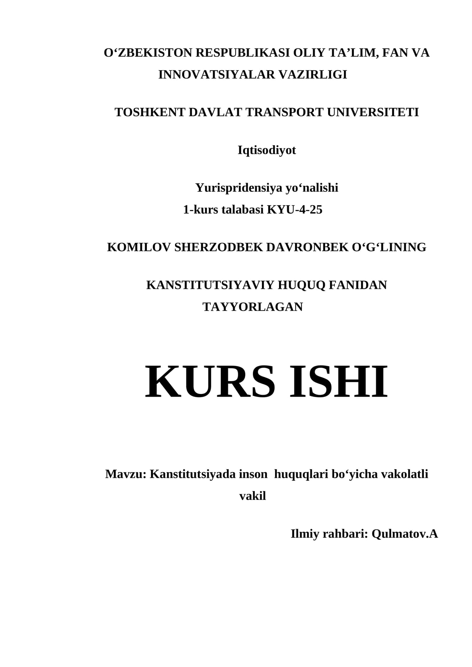 KANSTITUTSIYADA INSON HUQUQLARI BOʻYICHA VAKOLATLI VAKIL MUNDARIJA