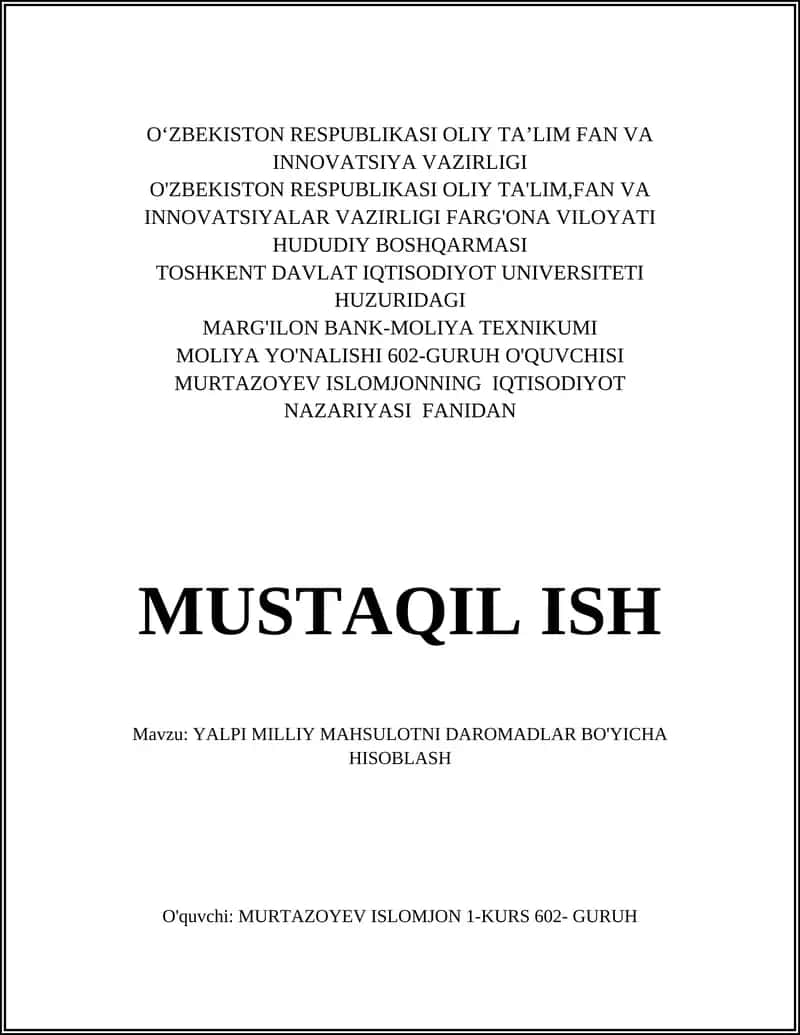 Yalpi Milliy Mahsulotni Daromadlar Bo'yicha Hisoblash