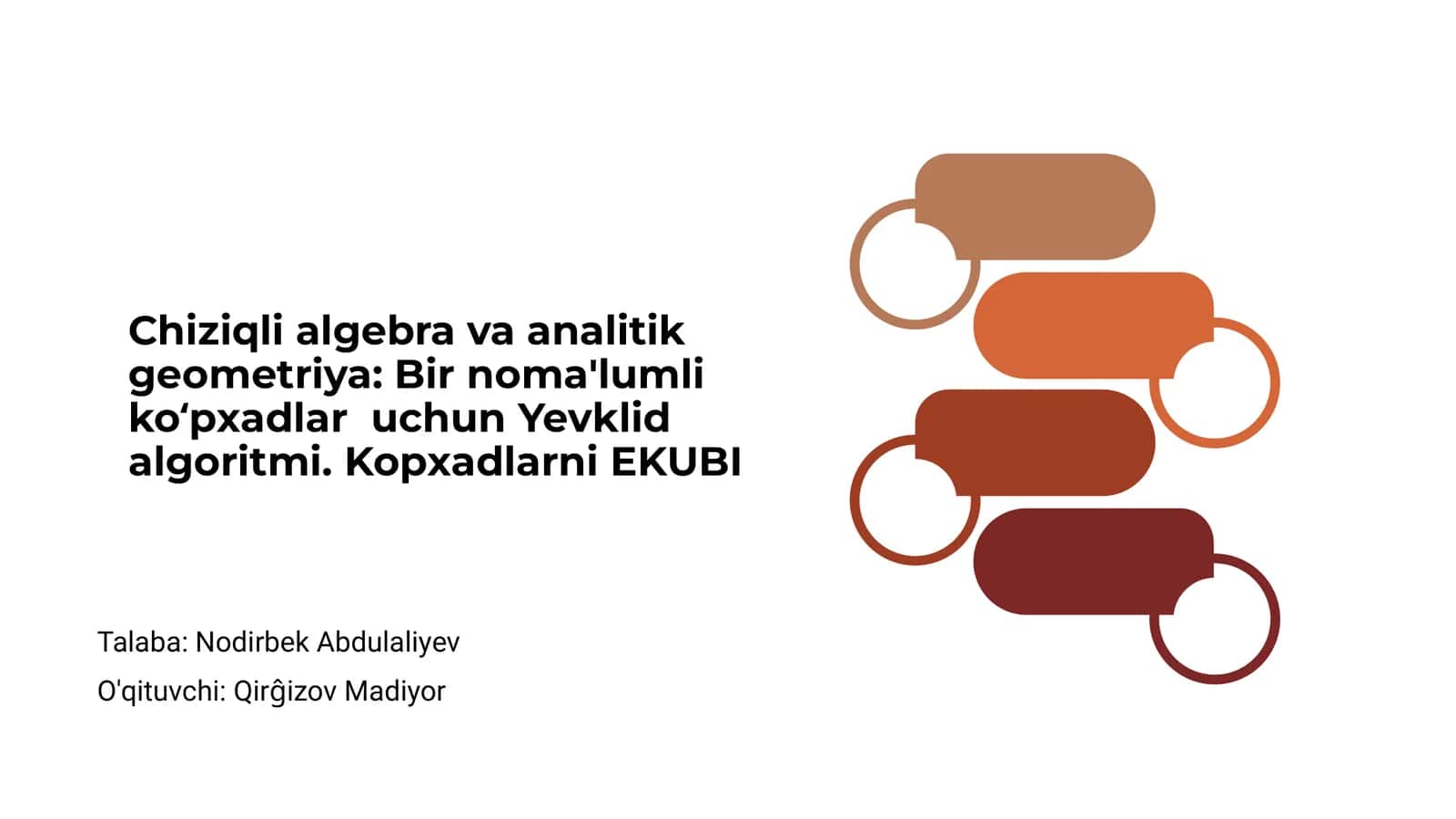 Chiziqli algebra va analitik geometriya: Bir noma'lumli ko‘pxadlar uchun Yevklid algoritmi. Kopxadlarni EKUBI