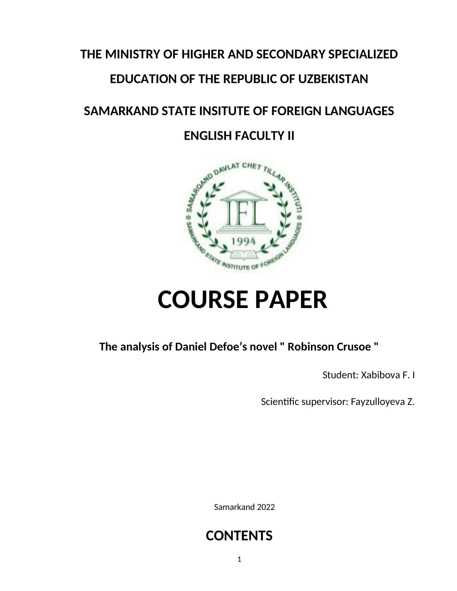 Robinson Crusoe Course Paper