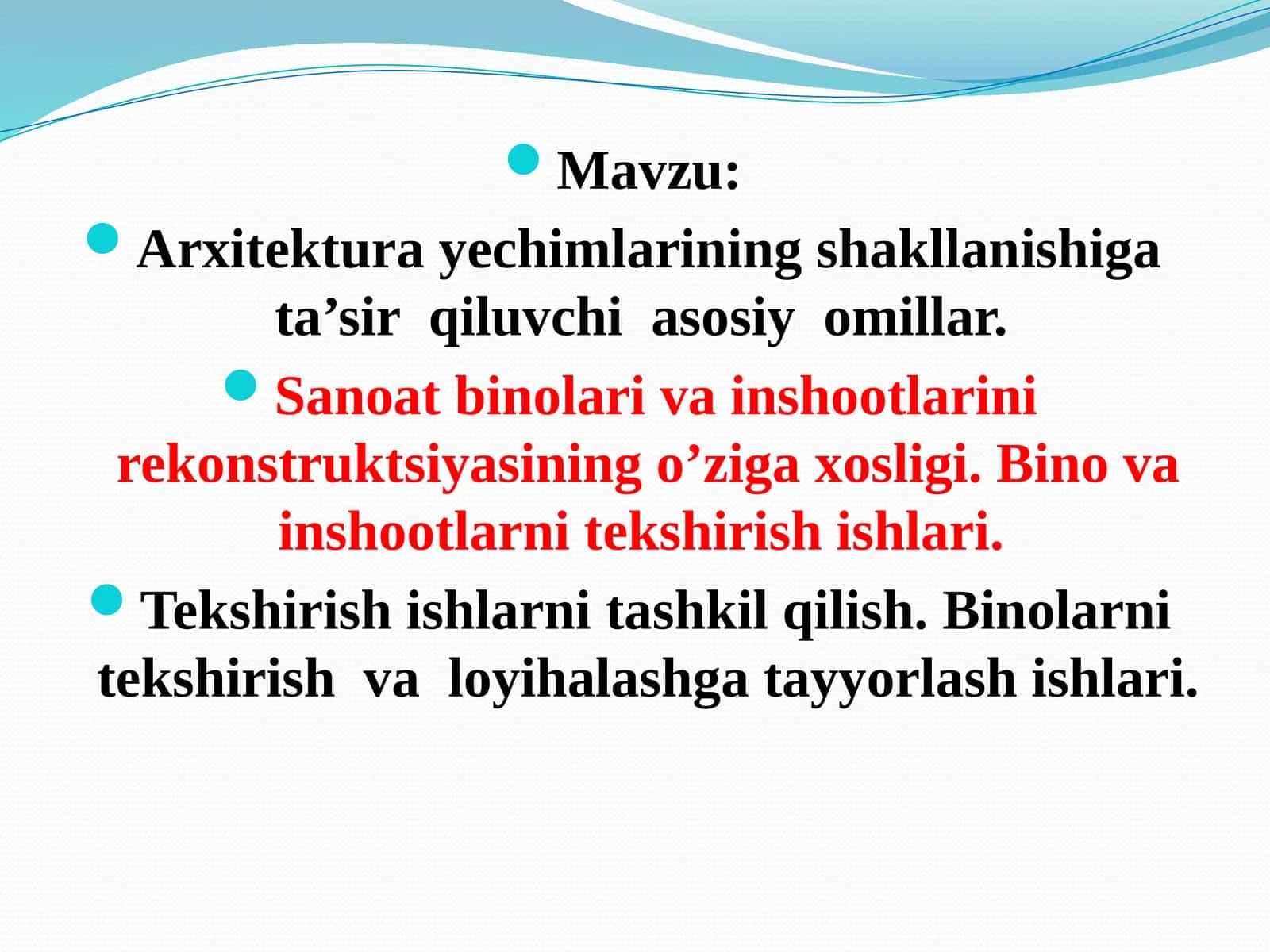 Arxitekturayechimlarining shakllanishiga ta’sir qiluvchi asosiy omillar. Sanoatbinolari va inshootlarini rekonstruktsiyasining o’ziga xosligi. Bino va inshootlarni tekshirish ishlari