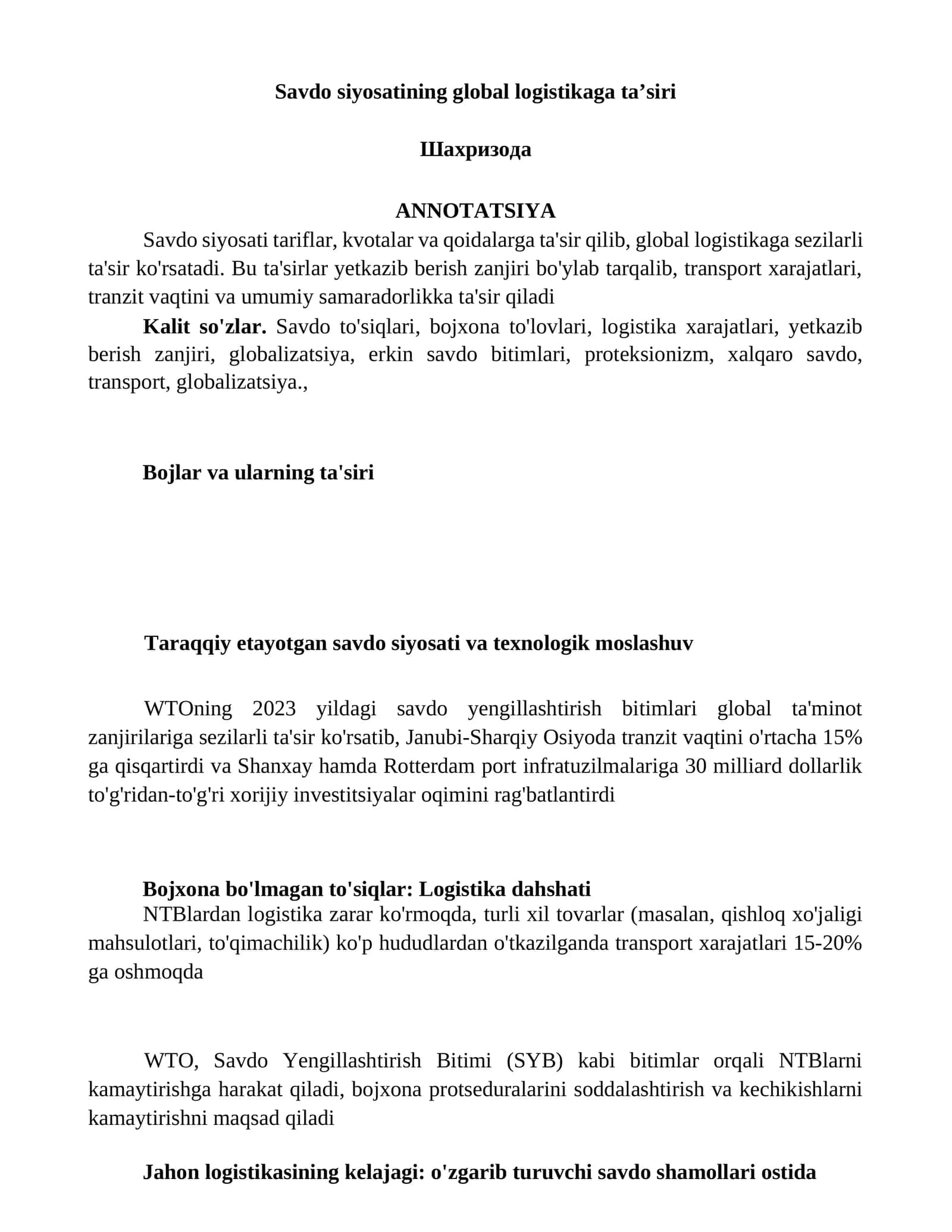 Savdo siyosatining global logistikaga ta’siri