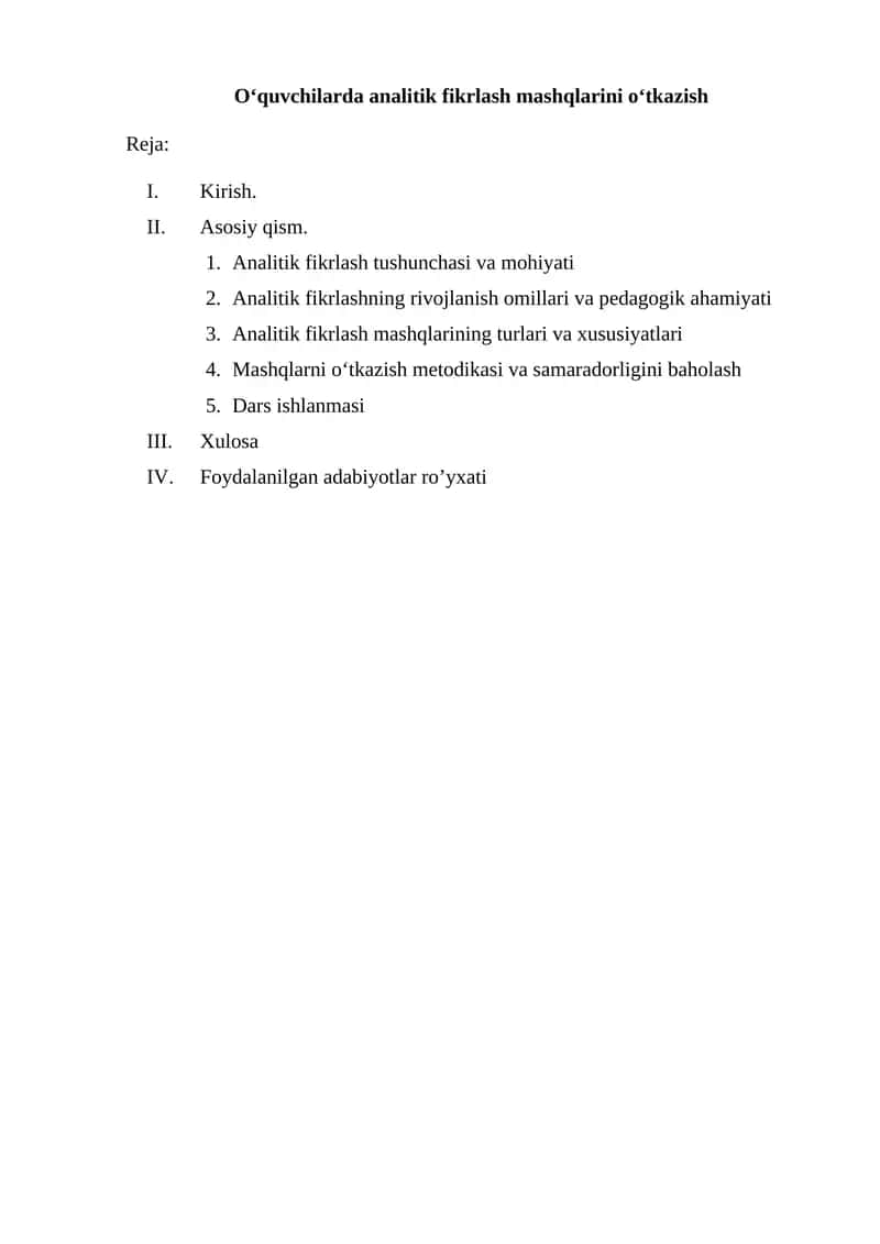 O'quvchilarda analitik fikrlash mashqlarini o'tkazish