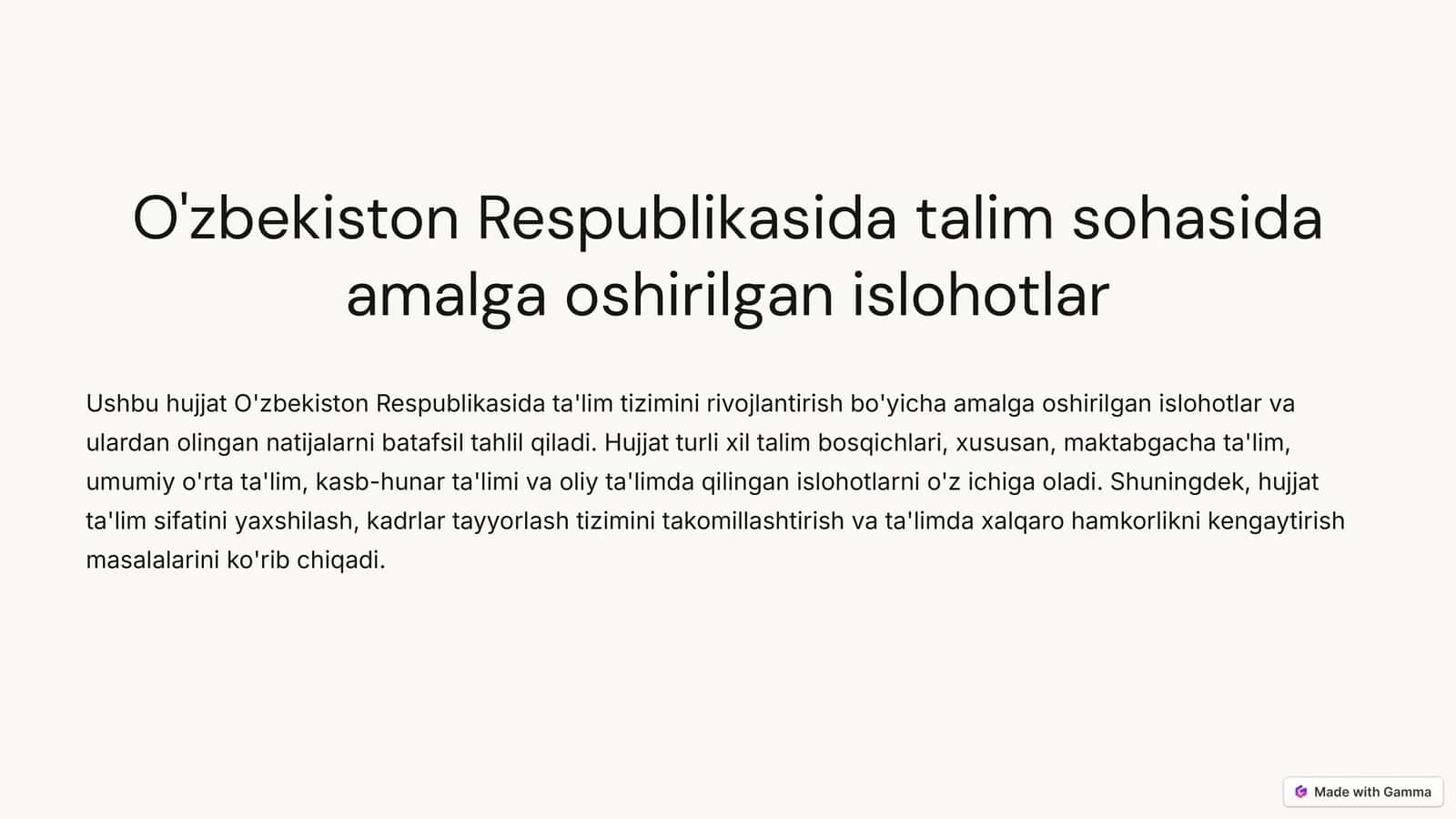 O'zbekiston Respublikasida talim sohasida amalga oshirilgan islohotlar