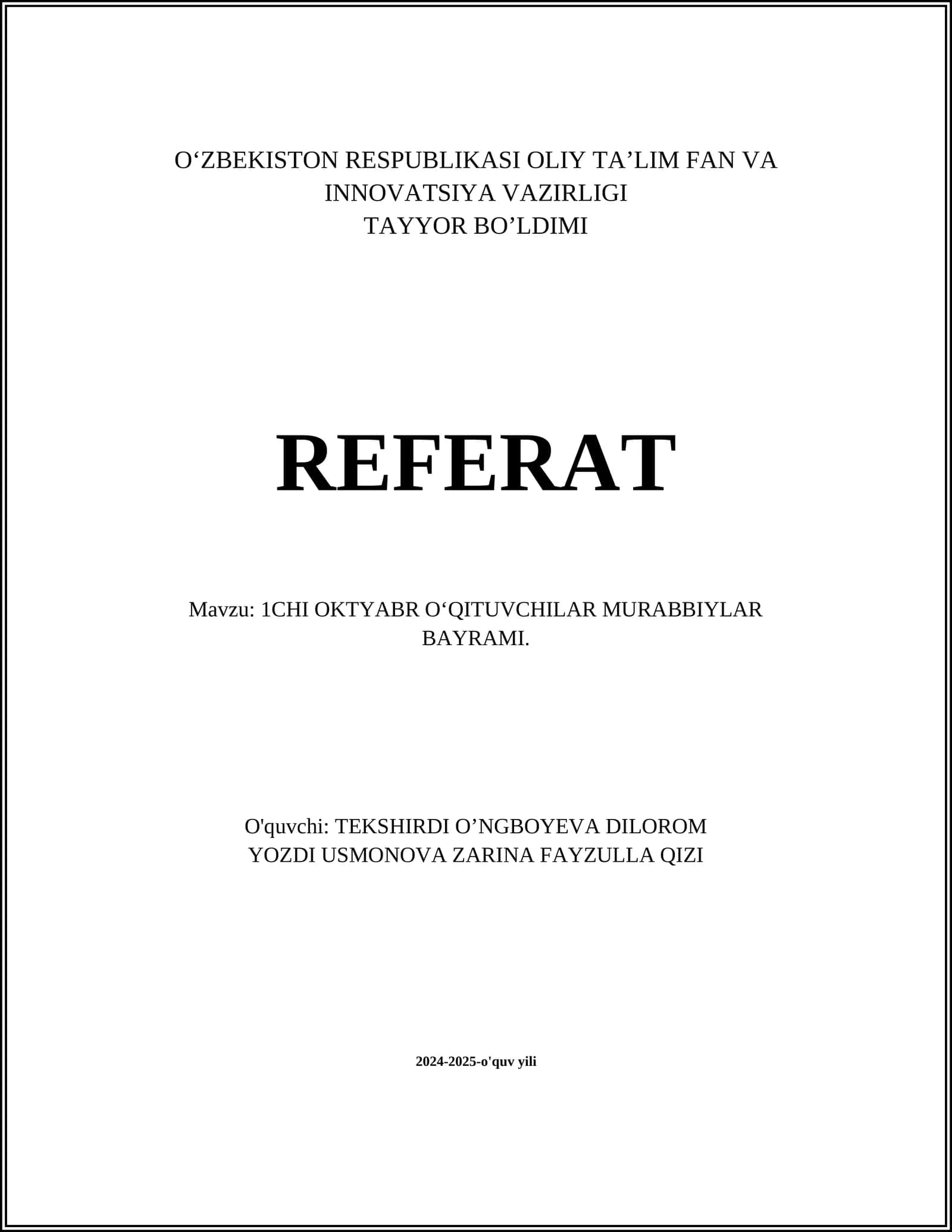 O'QITUVCHILAR MURABBIYLAR BAYRAMI