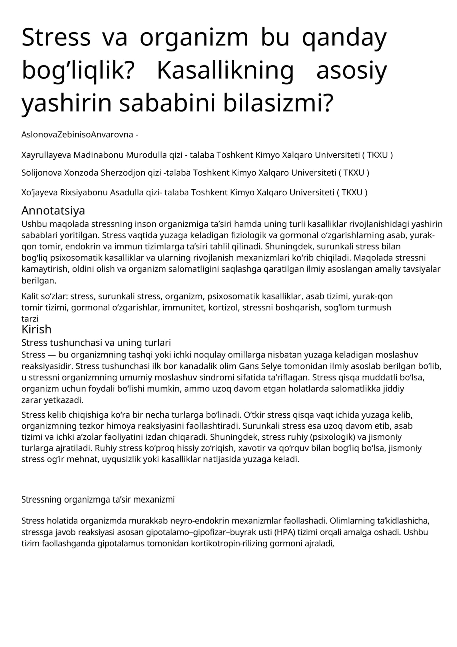 Qanday Stress va Kasalliklar Bog'liqlik?