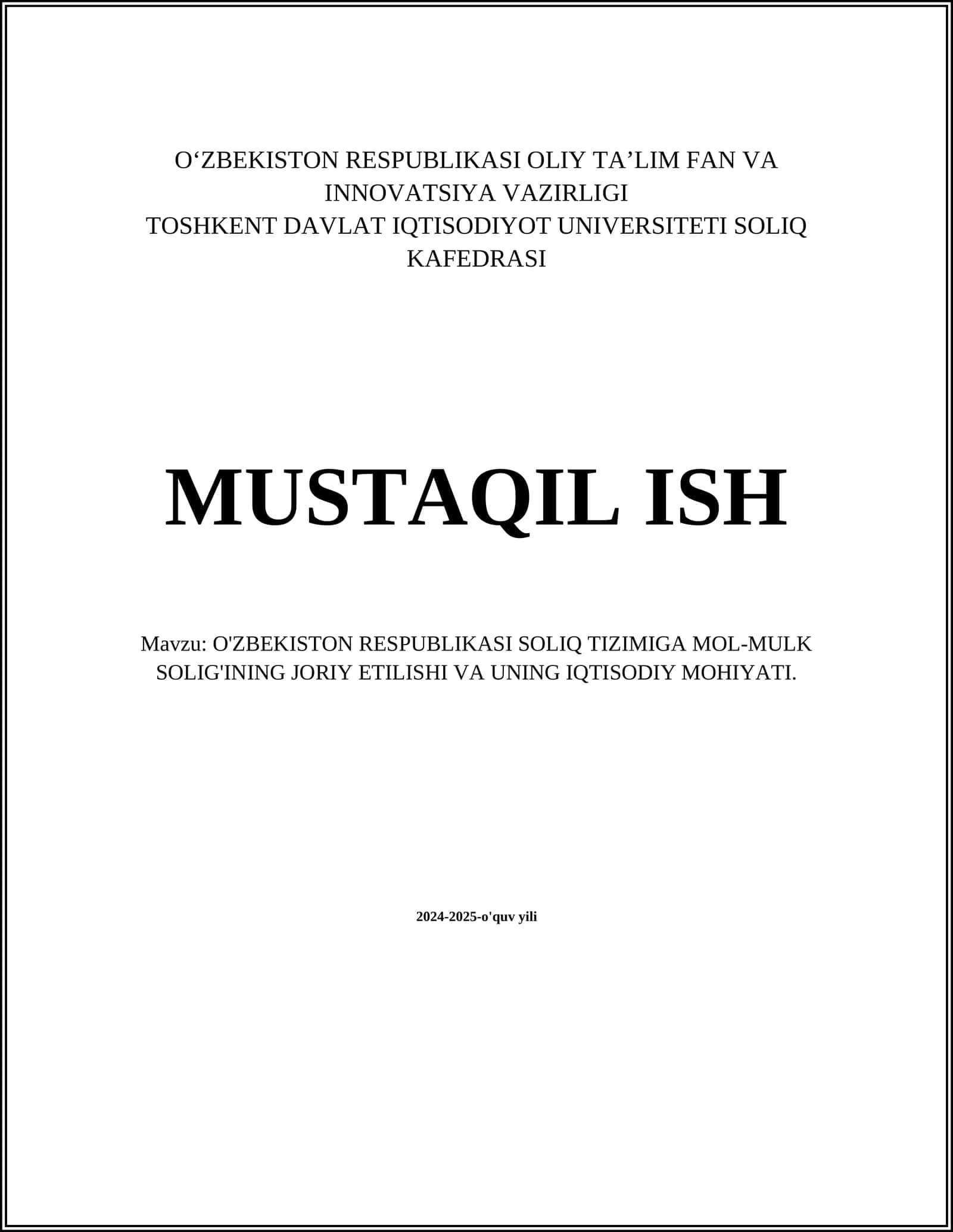 O'ZBEKISTON RESPUBLIKASI SOLIQ TIZIMIGA MOL-MULK SOLIG'INING JORIY ETILISHI VA UNING IQTISODIY MOHIYATI