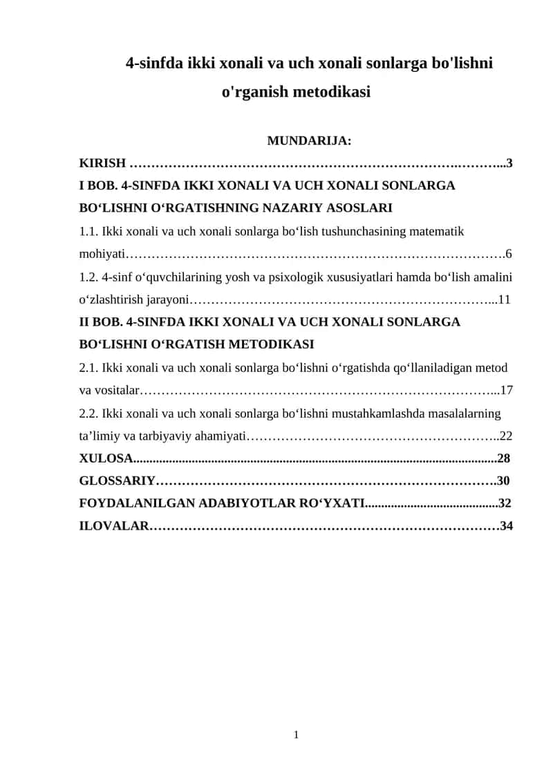 4-sinfda ikki xonali va uch xonali sonlarga bo'lishni o'rganish metodikasi