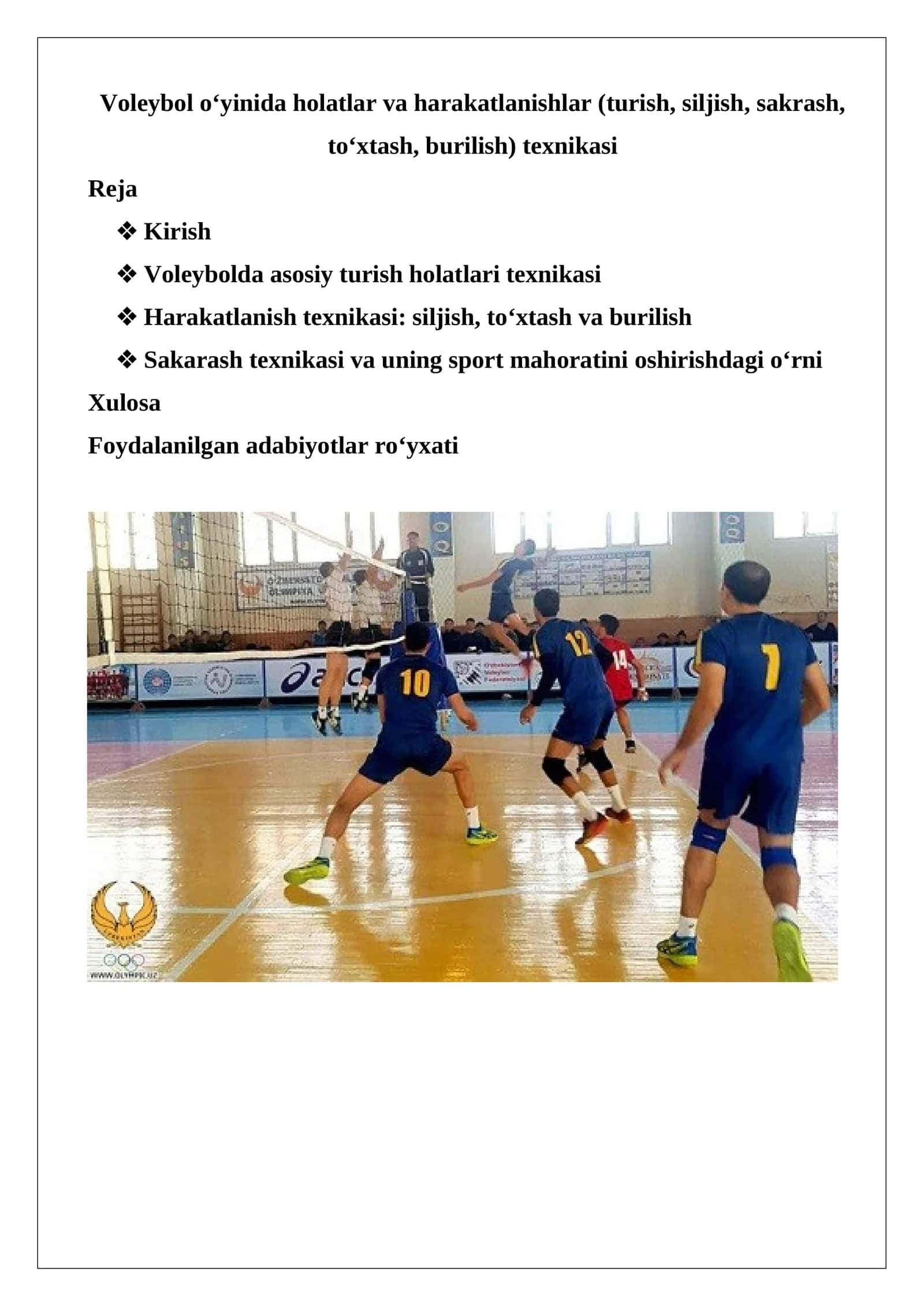 Voleybol o‘yinida holatlar va harakatlanishlar