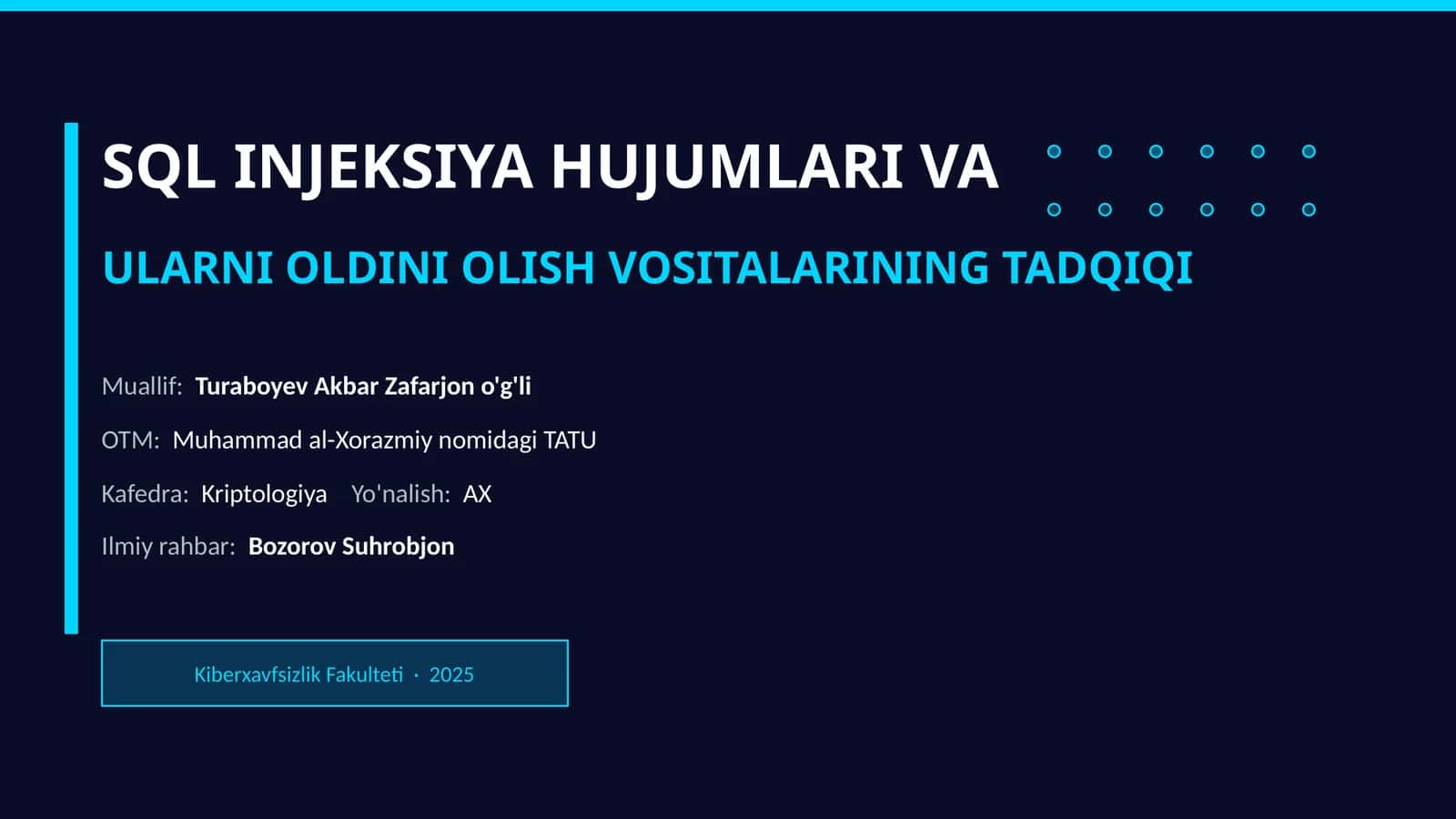 SQL INJEKSIYA HUJUMLARI VA ULARNI OLDINI OLISH VOSITALARINING TADQIQI