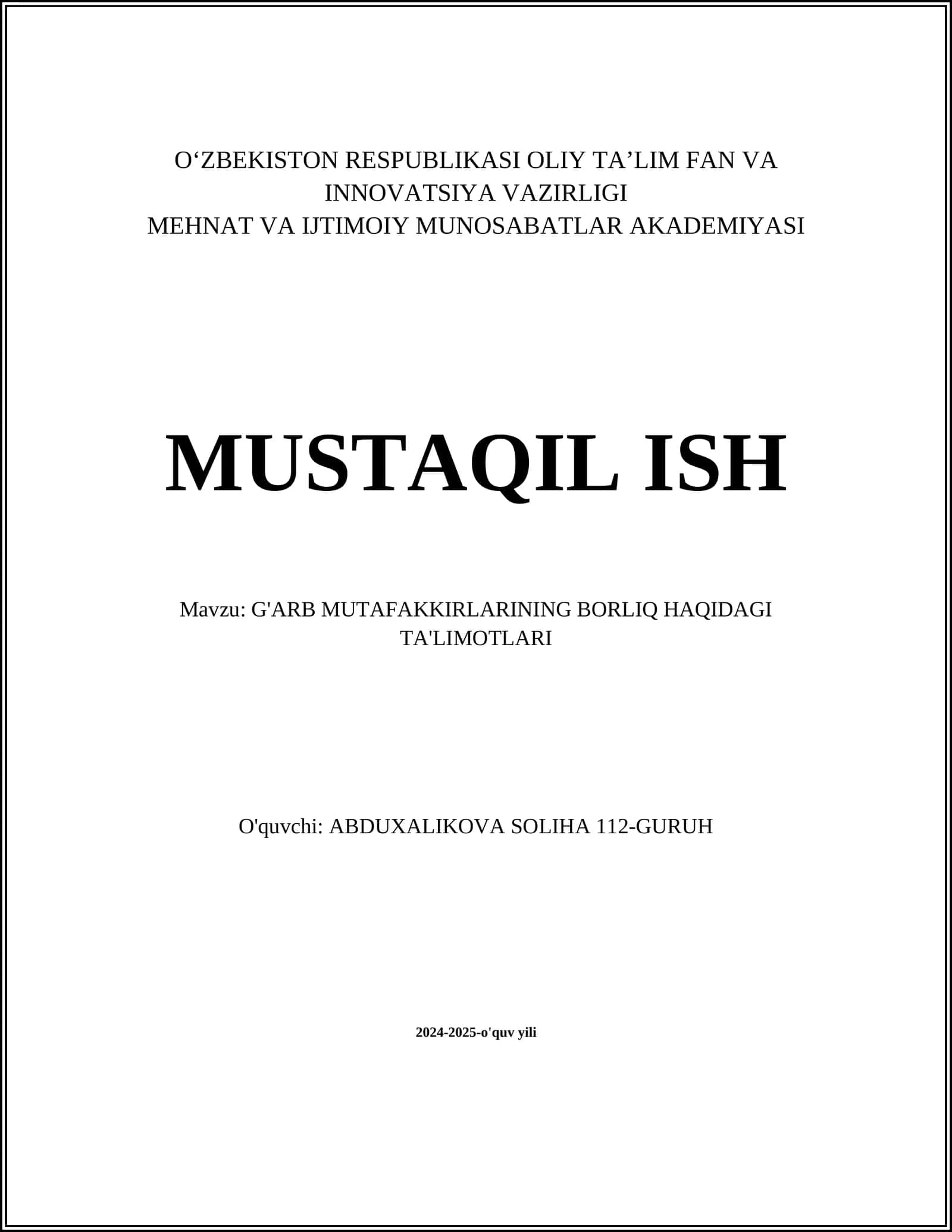 G'ARB MUTAFAKKIRLARINING BORLIQ HAQIDAGI TA'LIMOTLARI