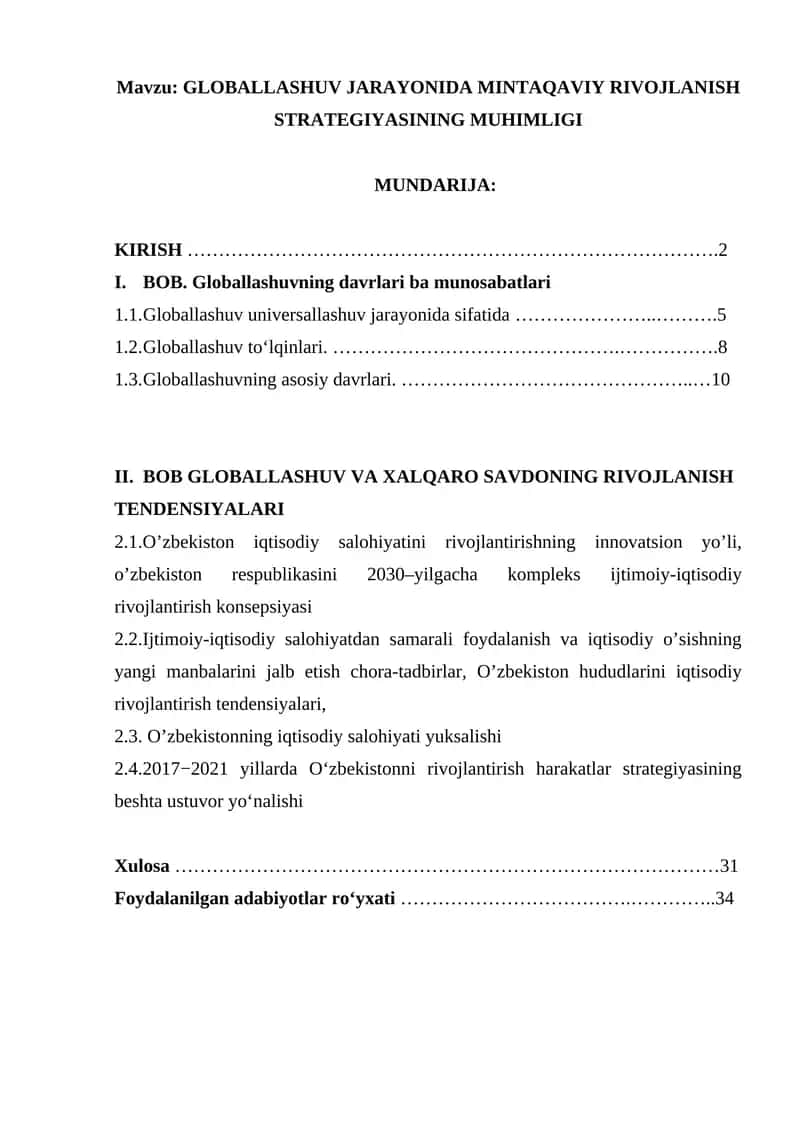 GLOBALLASHUV JARAYONIDA MINTAQAVIY RIVOJLANISH STRATEGIYASINING MUHIMLIGI