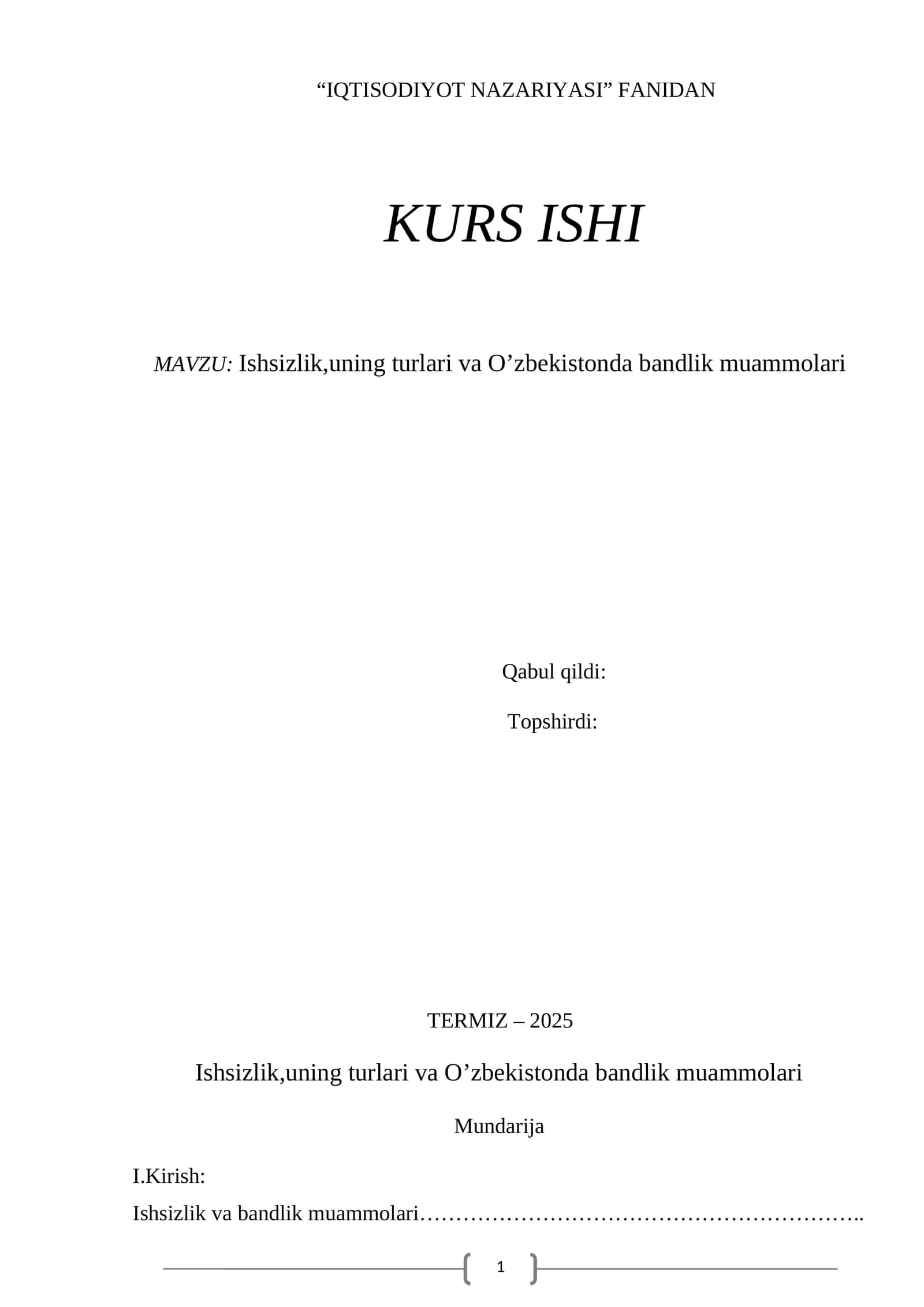 IQTISODIYOT NAZARIYASI KURS ISHI