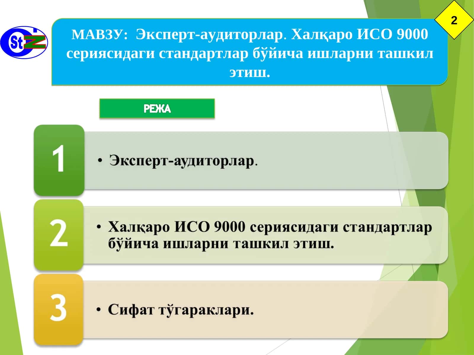 Эксперт-аудиторлар. Халқаро ИСО 9000 сериясидаги стандартлар бўйича ишларни ташкил этиш.
