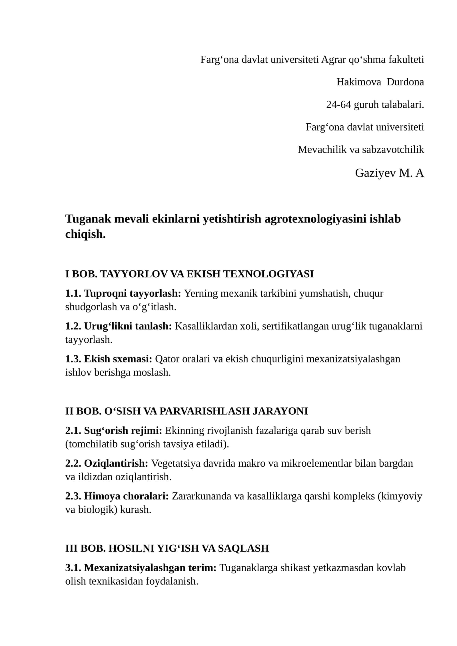 Tuganak mevali ekinlarni yetishtirish agrotexnologiyasini ishlab chiqish