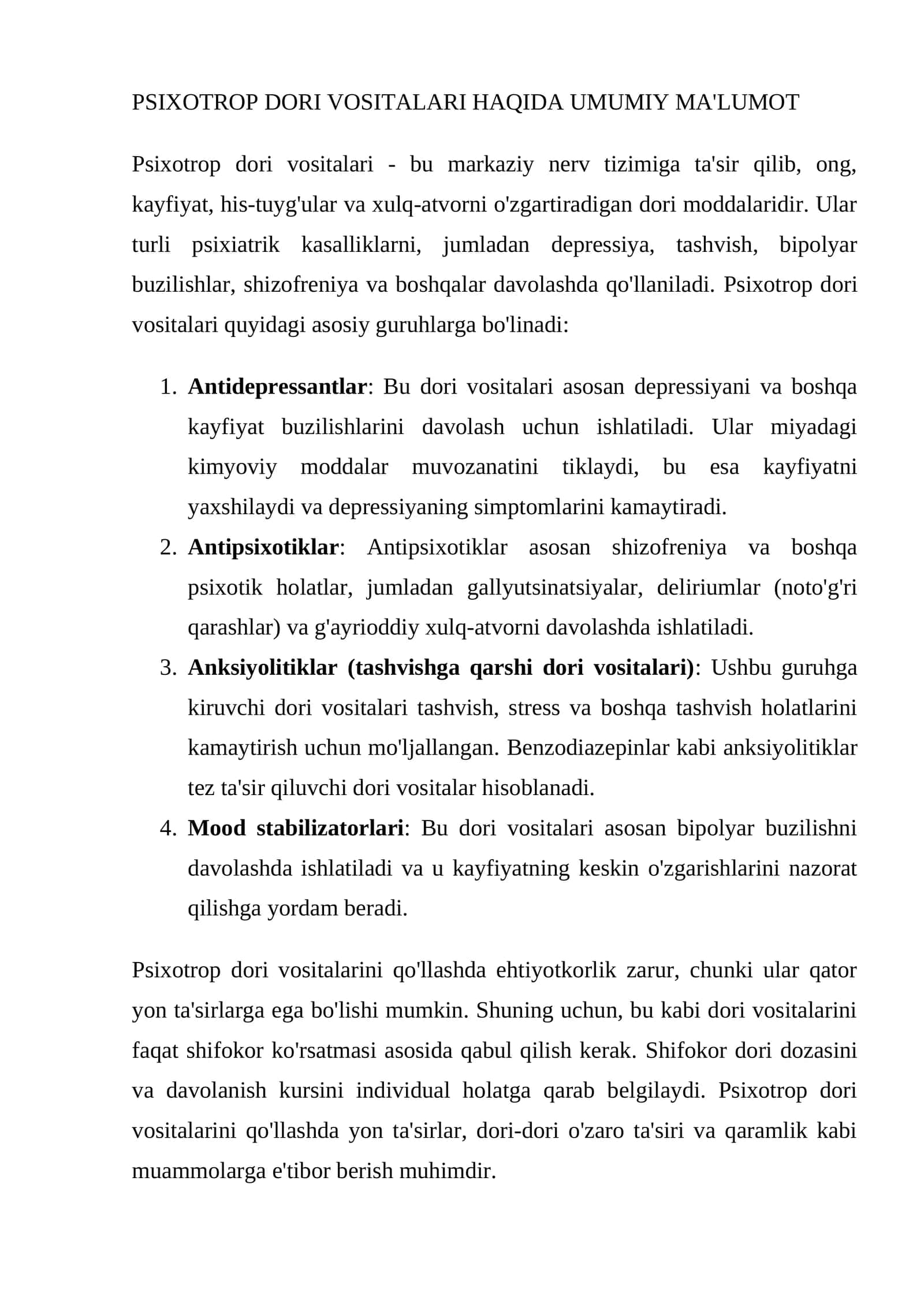 Psixotrop dori vositalari haqida umumiy ma'lumot