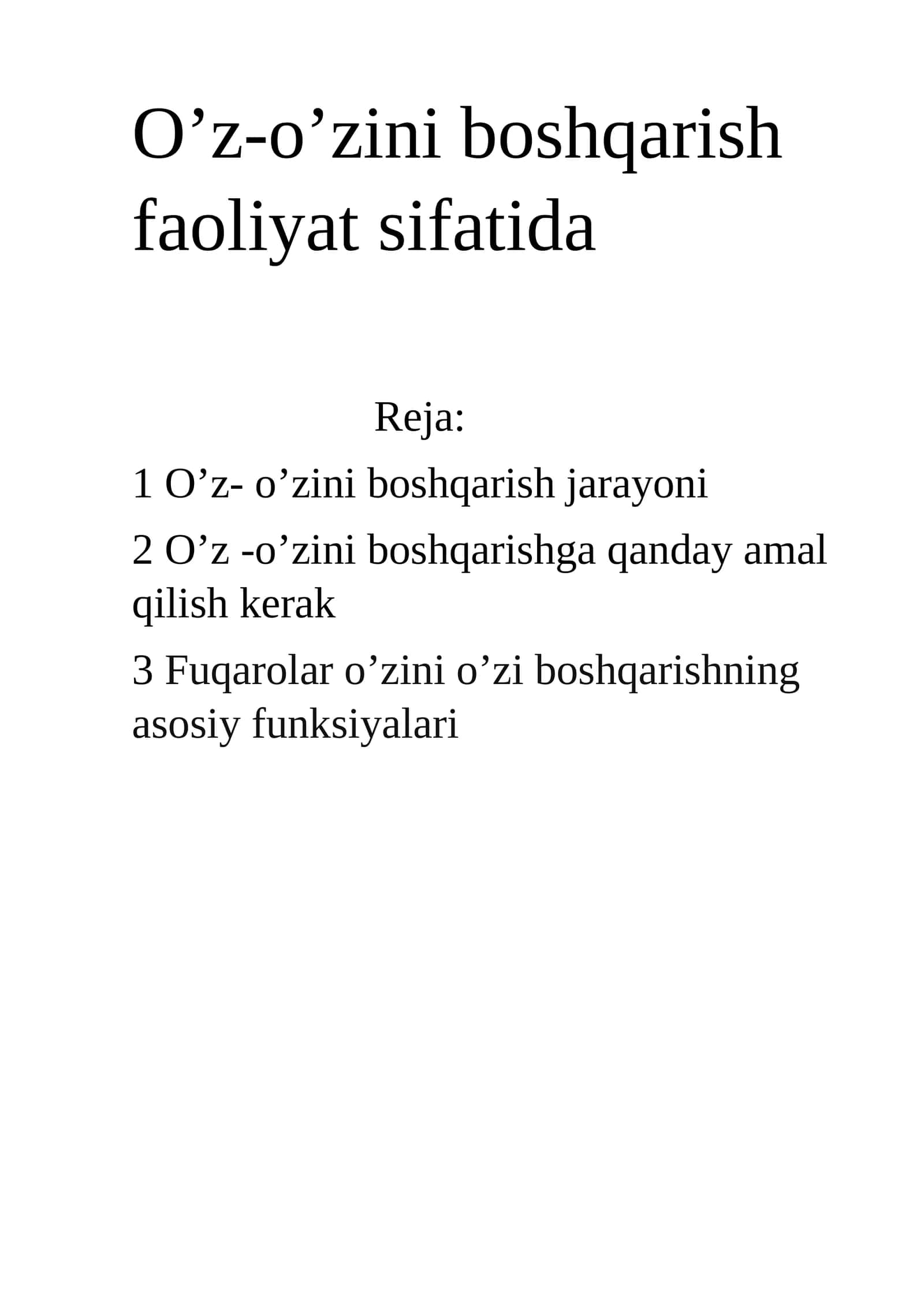O’z- o’zini boshqarish jarayoni