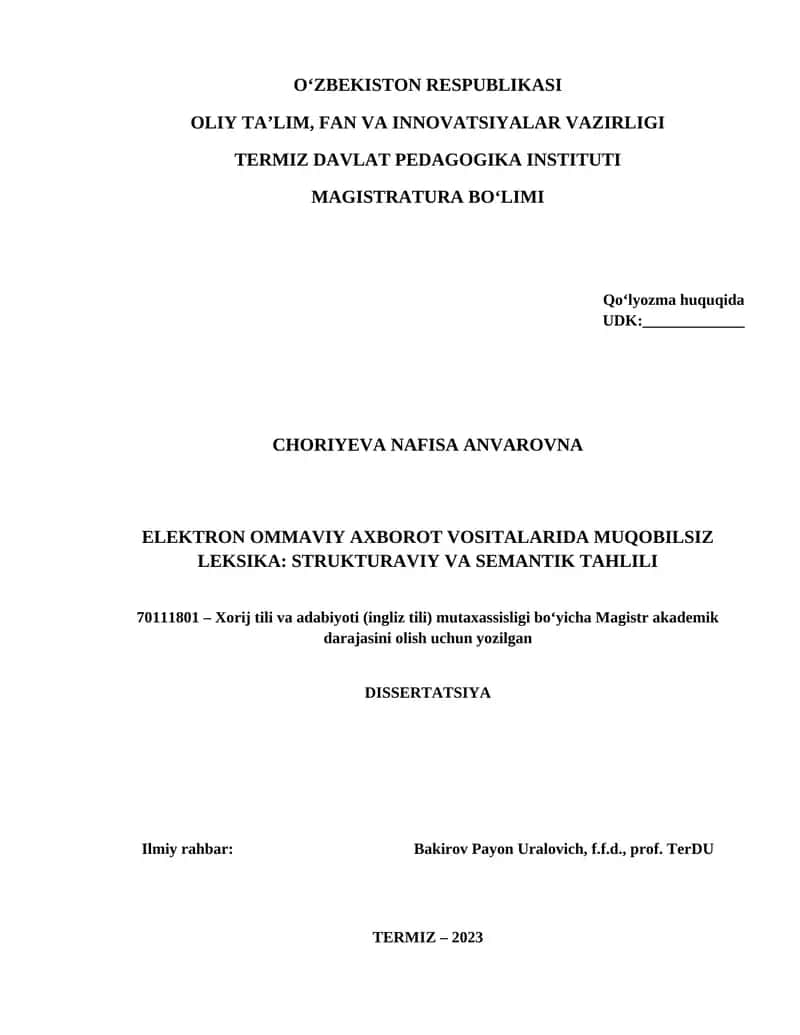 Elektron ommaviy axborot vositalarida muqobilsiz leksika: strukturaviy va semantik tahlili