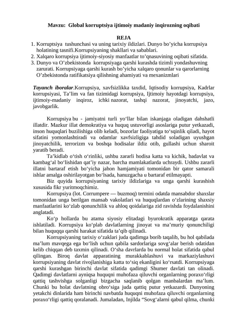 Global korruptsiya ijtimoiy madaniy inqirozning oqibati
