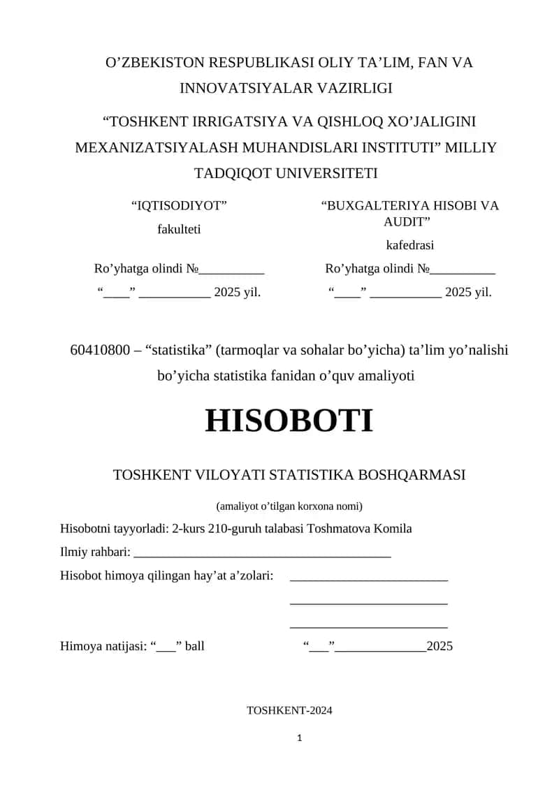 Statistika fanidan o’quv amaliyoti