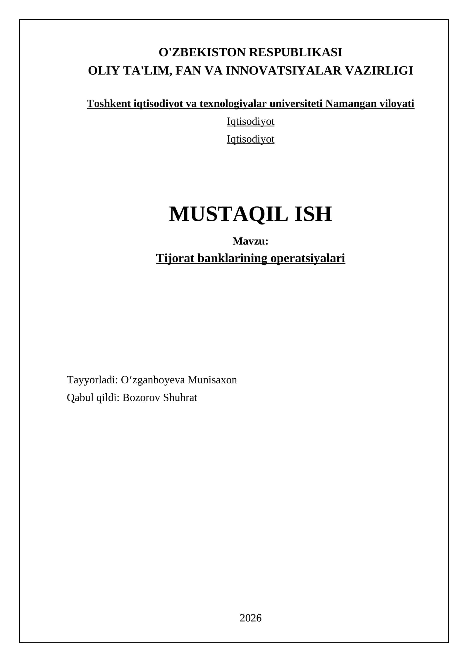 Tijorat banklarining operatsiyalari