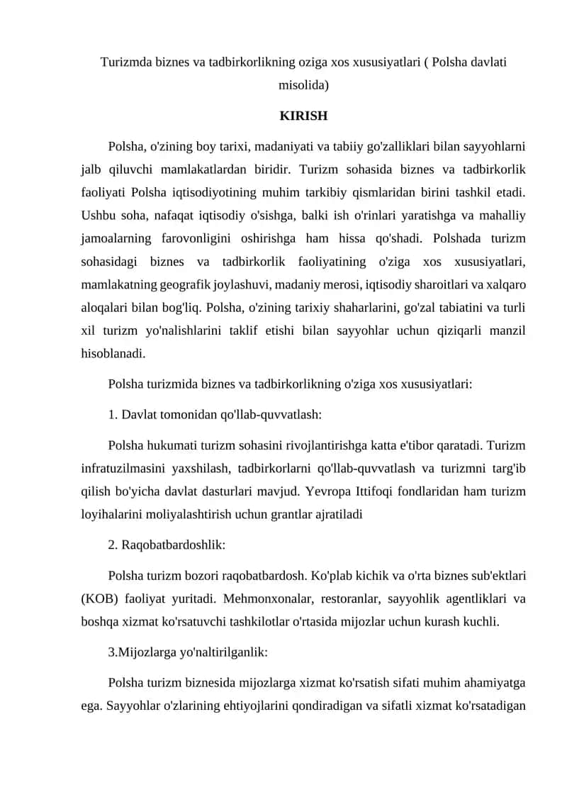 Turizmda biznes va tadbirkorlikning oziga xos xususiyatlari ( Polsha davlati misolida)