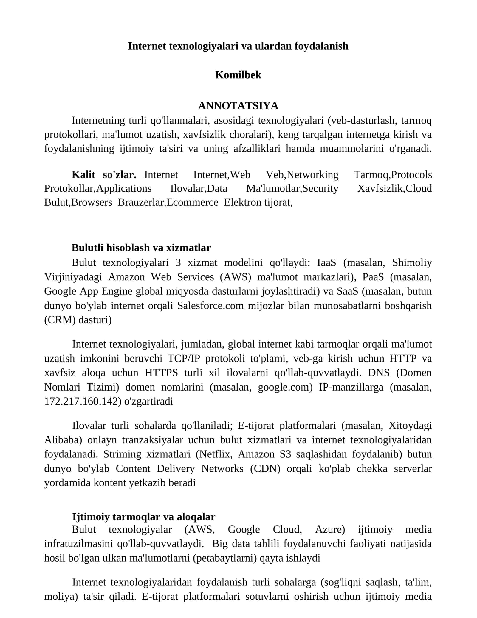 Internet texnologiyalari va ulardan foydalanish