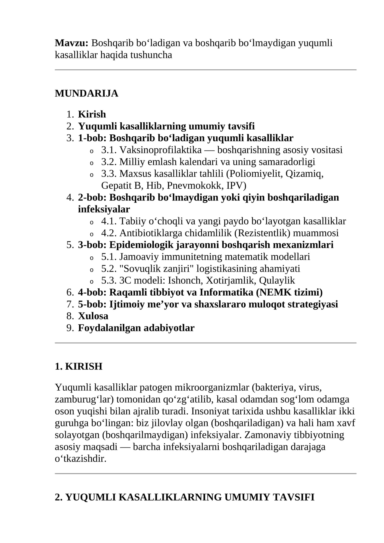 Boshqarib bo‘ladigan va boshqarib bo‘lmaydigan yuqumli kasalliklar haqida tushuncha