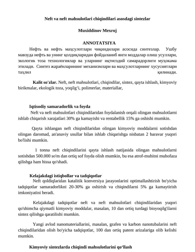 Neft va neft mahsulotlari chiqindilari asosdagi sintezlar