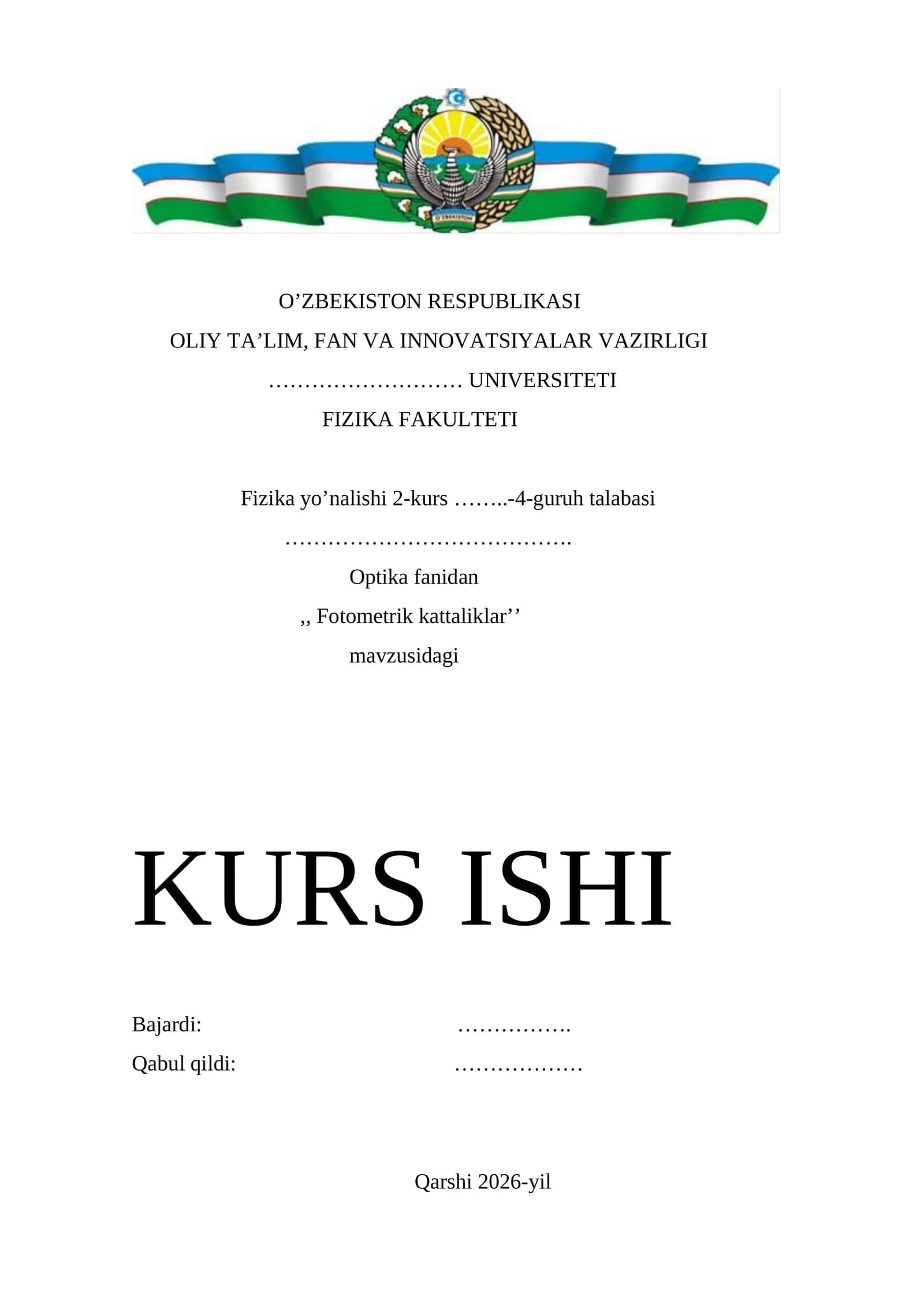 Fotometrik kattaliklar mavzusida tayyor kurs ishi