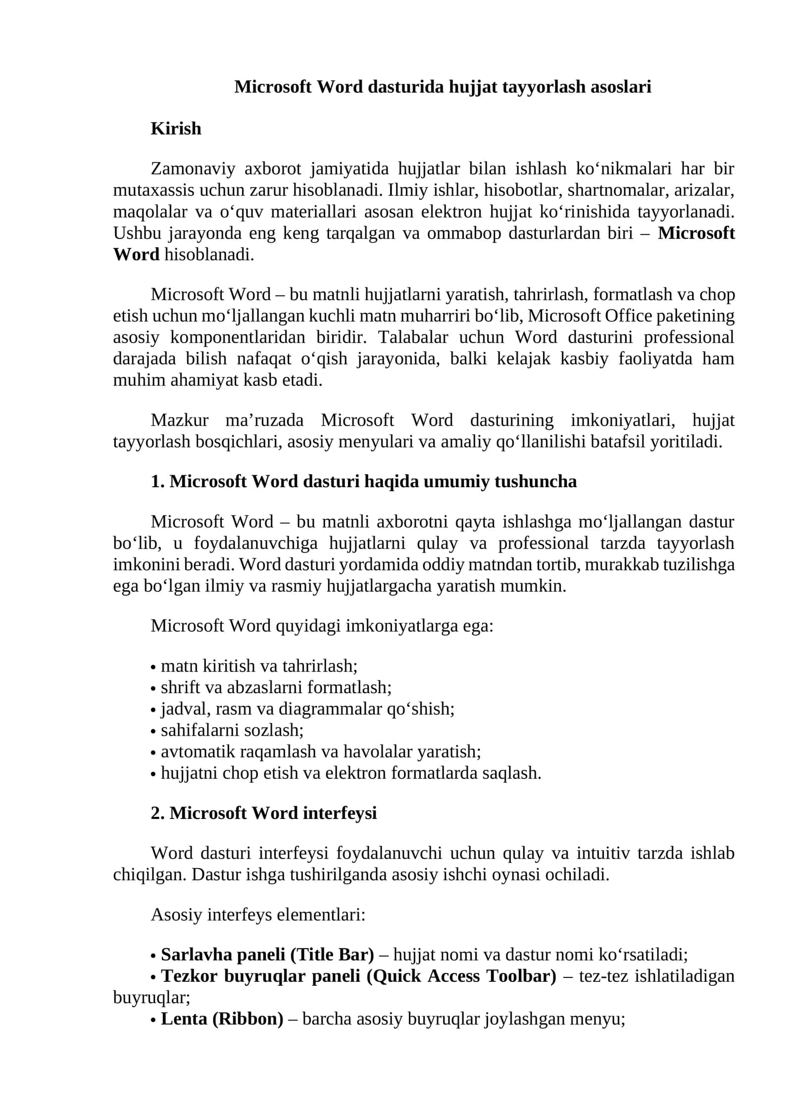 Microsoft Word dasturida hujjat tayyorlash asoslari
